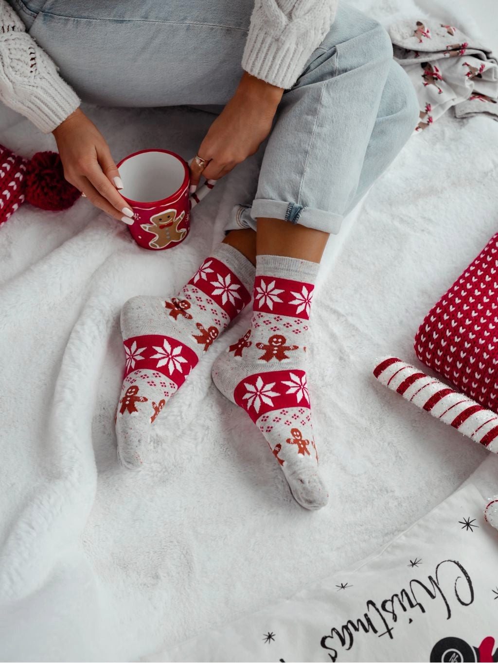 Langsocken Socken 37/41 aus Baumwolle LEBKUCHEN-MOTIV