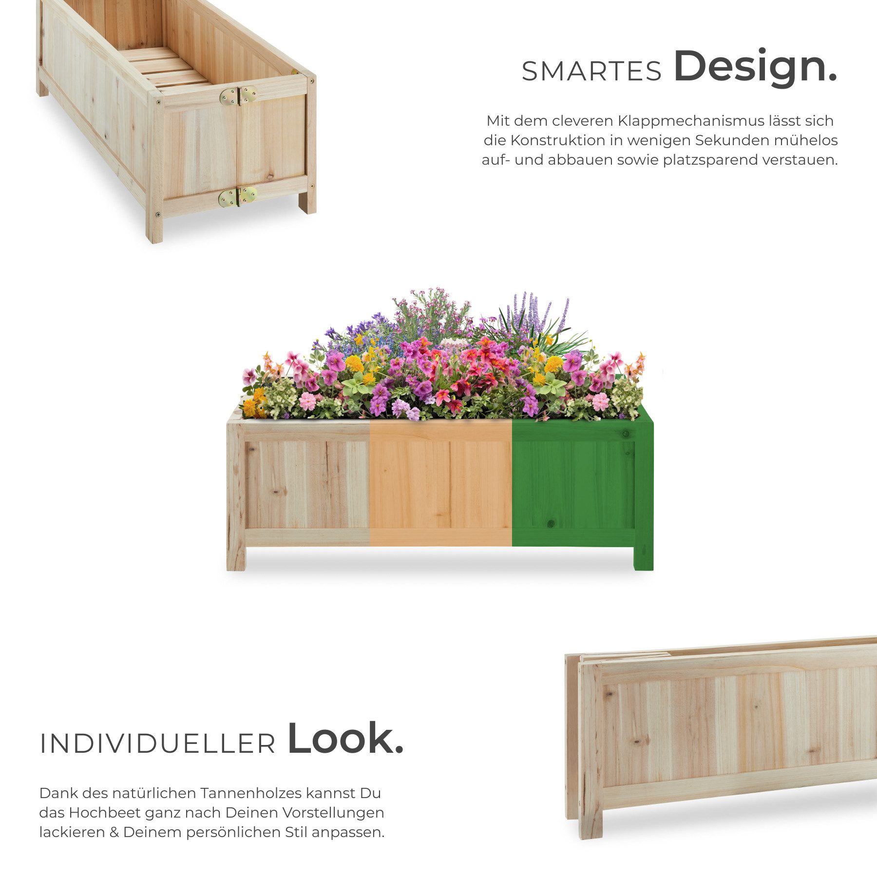 tectake Hochbeet Pflanzbeet, Maße: 70 x 30 x 25 cm, Belastbarkeit 50 kg, klappbar (Gemüsebeet Blomster, in braun), Fassungsvermögen 30 l, natürliches Tannenholz, inkl. Dichtungsfolie