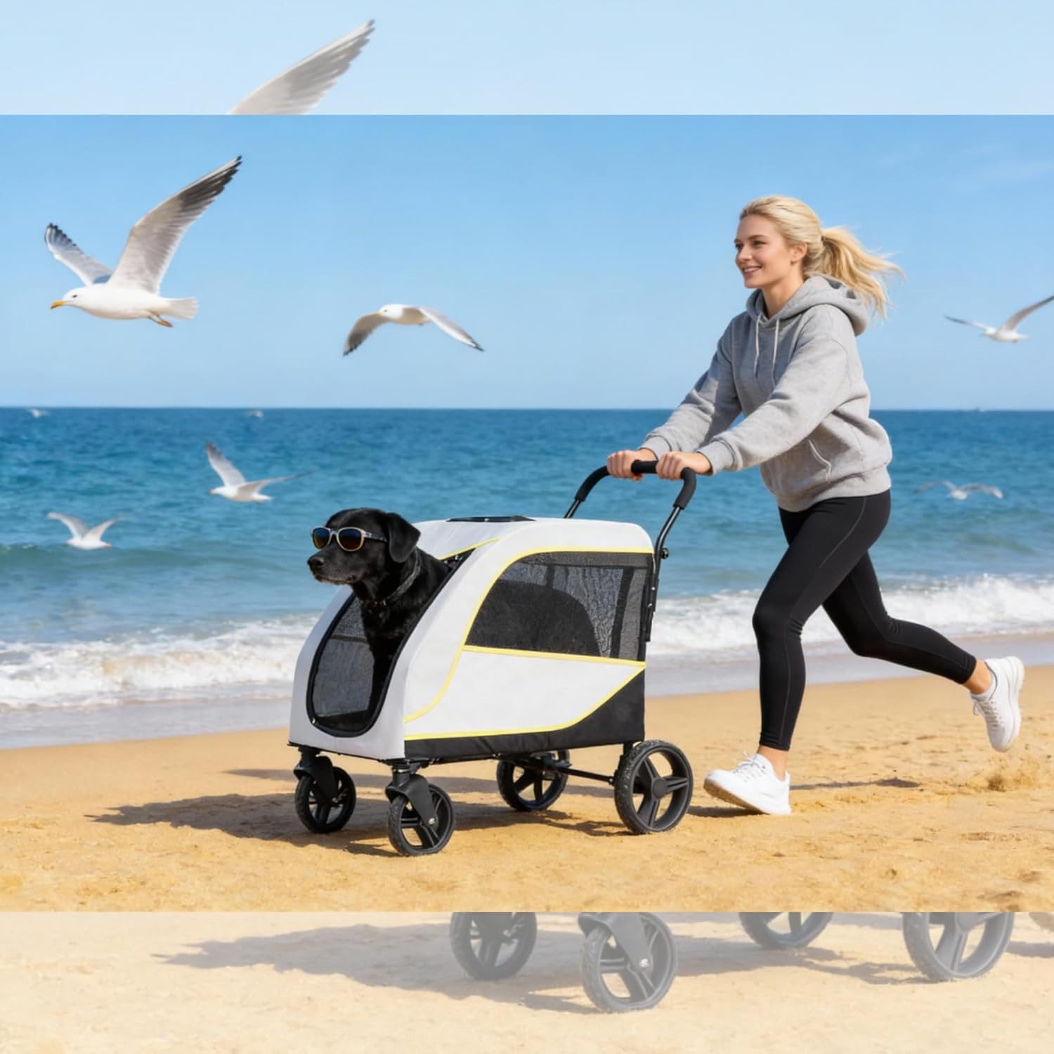GarveeMore Haustierstrandkorb Klappbar Hundebuggy, Hundewagen für mittelgroße und große Haustiere, Faltbarer Hundewagen mit Zwei Eingängen, Fußbremse