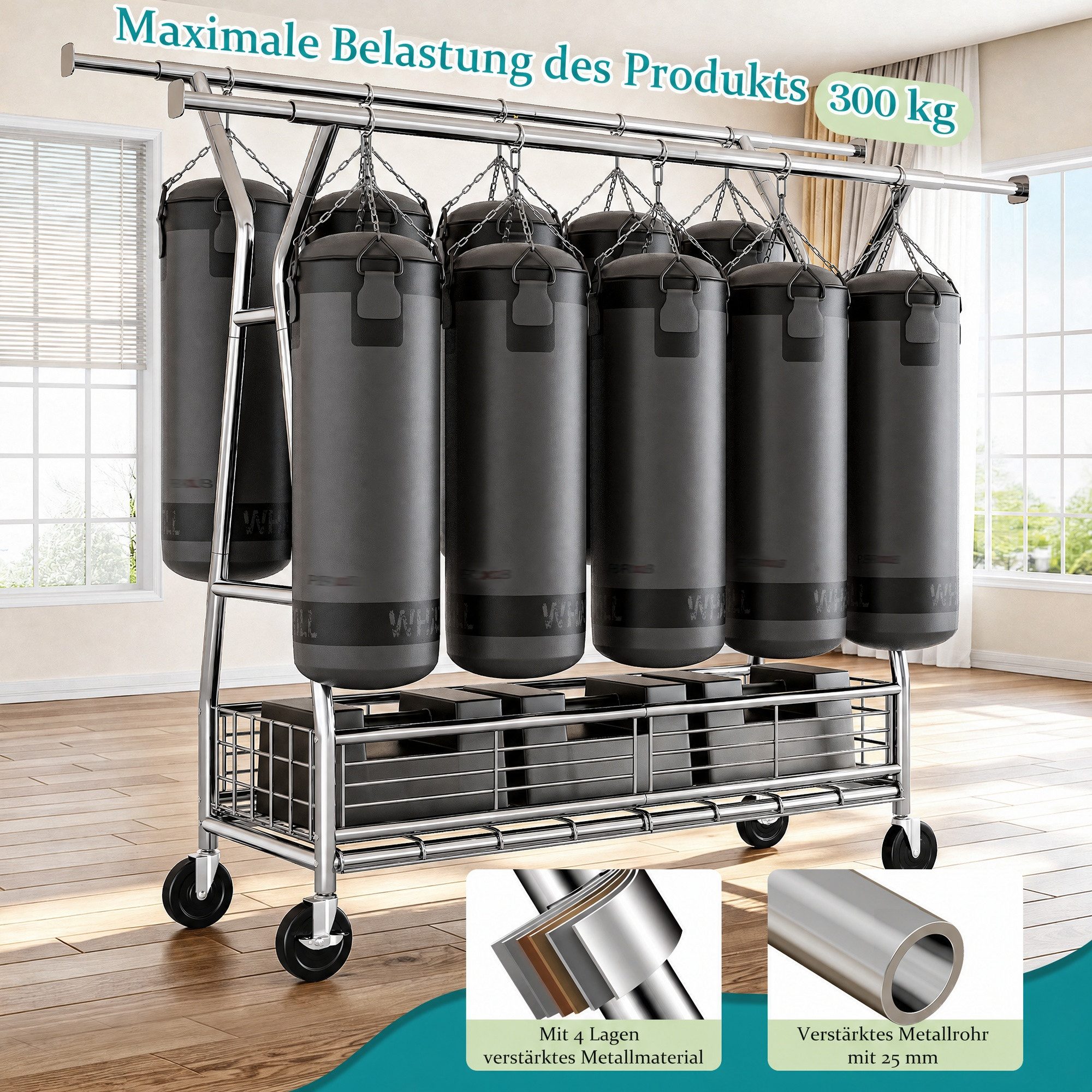 Klyvvo Kleiderständer auf Rollen mit Doppelstange & Netzkorb, 200 kg Schwerlast-Tragkraft, (1 St), reichlich Stauraum für Kleidung & Accessoires – Bild 4 von 5