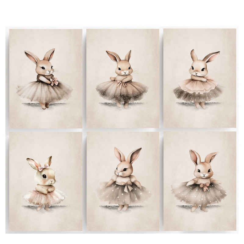 homestyle-accessoires Poster Wandbilder Bilderset Kinderbilder BABY BALLERINA HASE 6er Set, Ohne Bilderrahmen