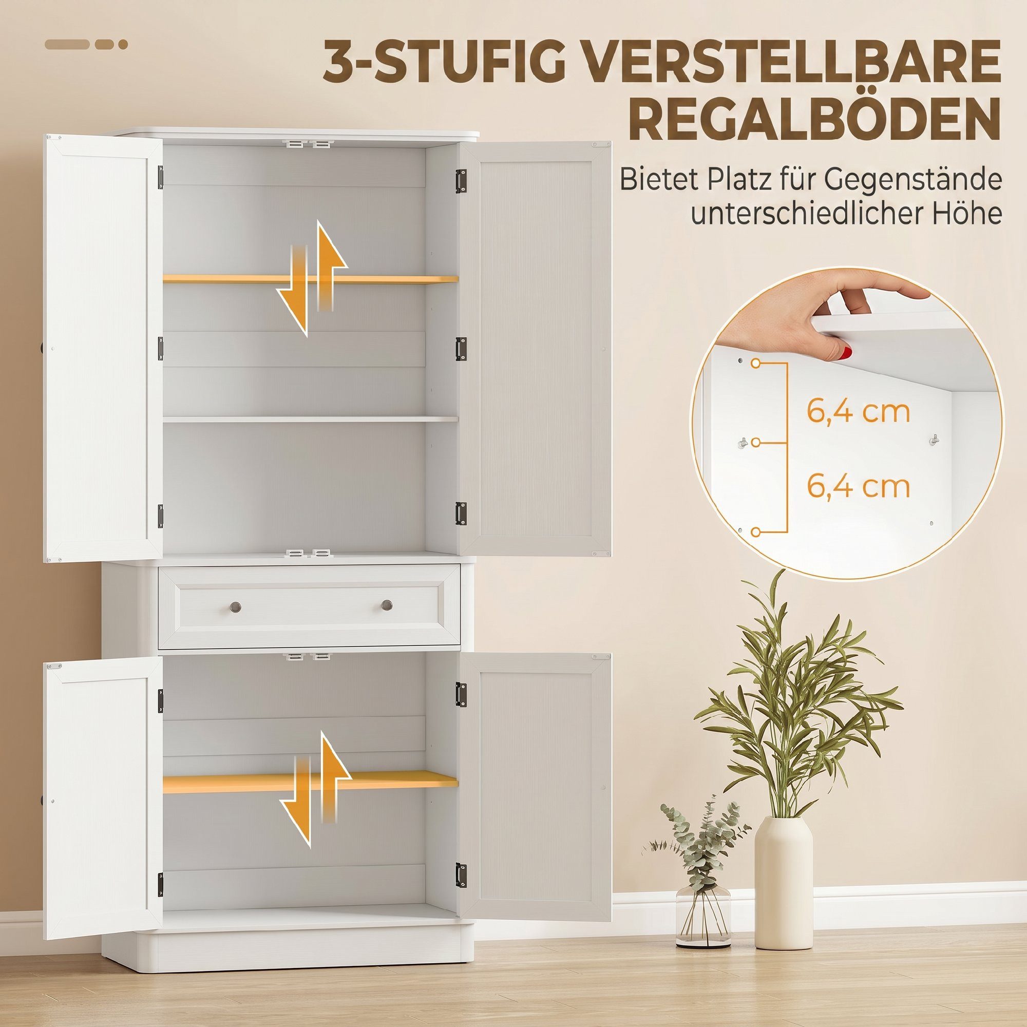 HOMCOM Hochschrank Buffetschrank mit 4 Türen, Schublade, verstellbaren Einlegeböden (Küchenschrank, 1-St., Vorratsschrank) für Küche, Esszimmer, Wohnzimmer Weiß – Bild 5 von 5