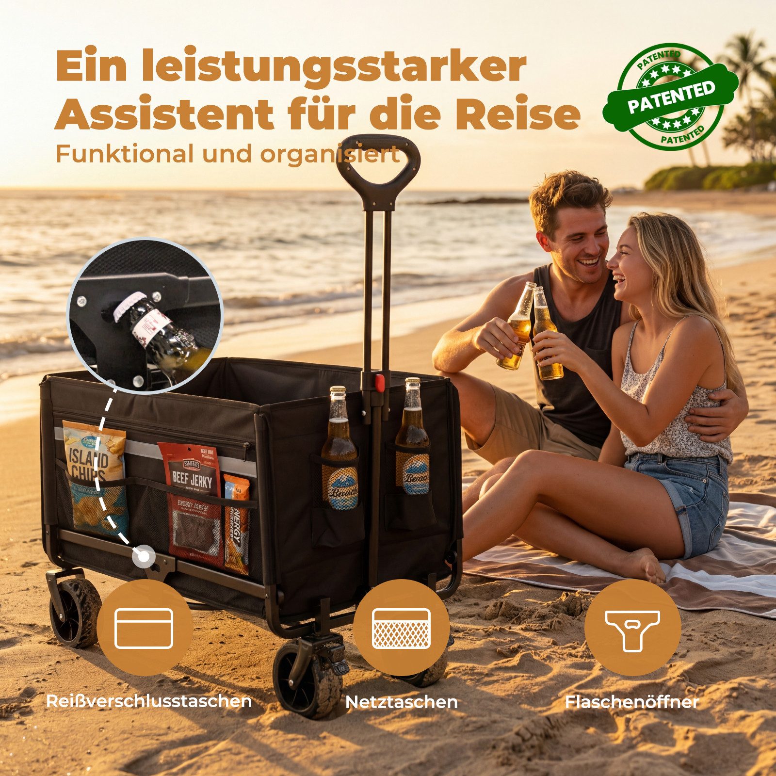 HOMECALL Bollerwagen Gartenwagen bis 150kg Handwagen Strandwagen Klappbar Transportwagen (Inkl. Regenabdeckung! Kapazität erweiterbar durch 2 Aufbewahrungstaschen, 120L+ , Campingwagen mit Reflektorstreifen), Für Einkaufen, Camping, Garten, Dogs