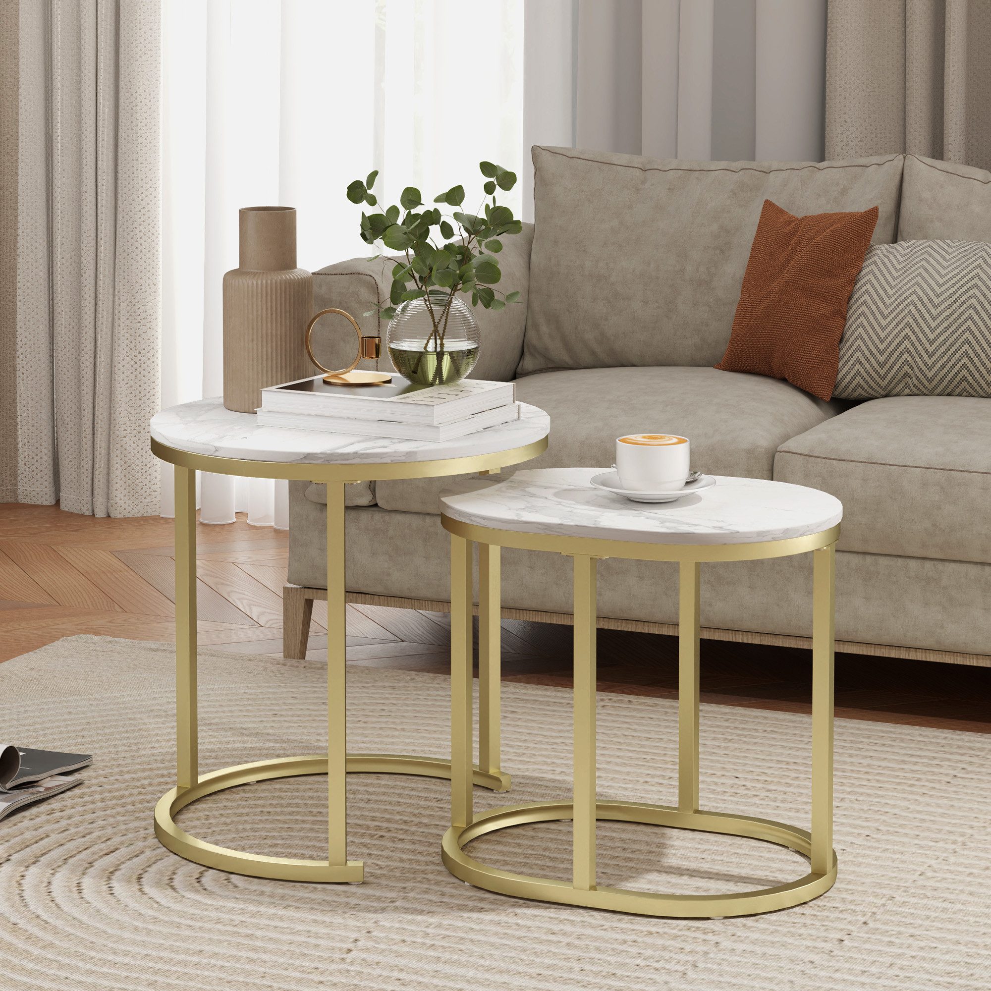 HOMCOM Couchtisch Beistelltisch Nachttisch Rahmen für Wohnzimmer Schlafzimmer (Sofatisch, 2-St., Beistelltisch), für Wohnzimmer, Schlafzimmer, Balkon, Weiß