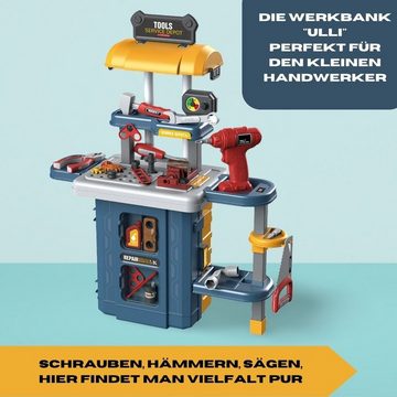 Coemo Spielwerkzeug, (46-tlg), Kinder Werkbank mit vielen Zubehörteilen: Werkzeug, Bauteile, Sticker