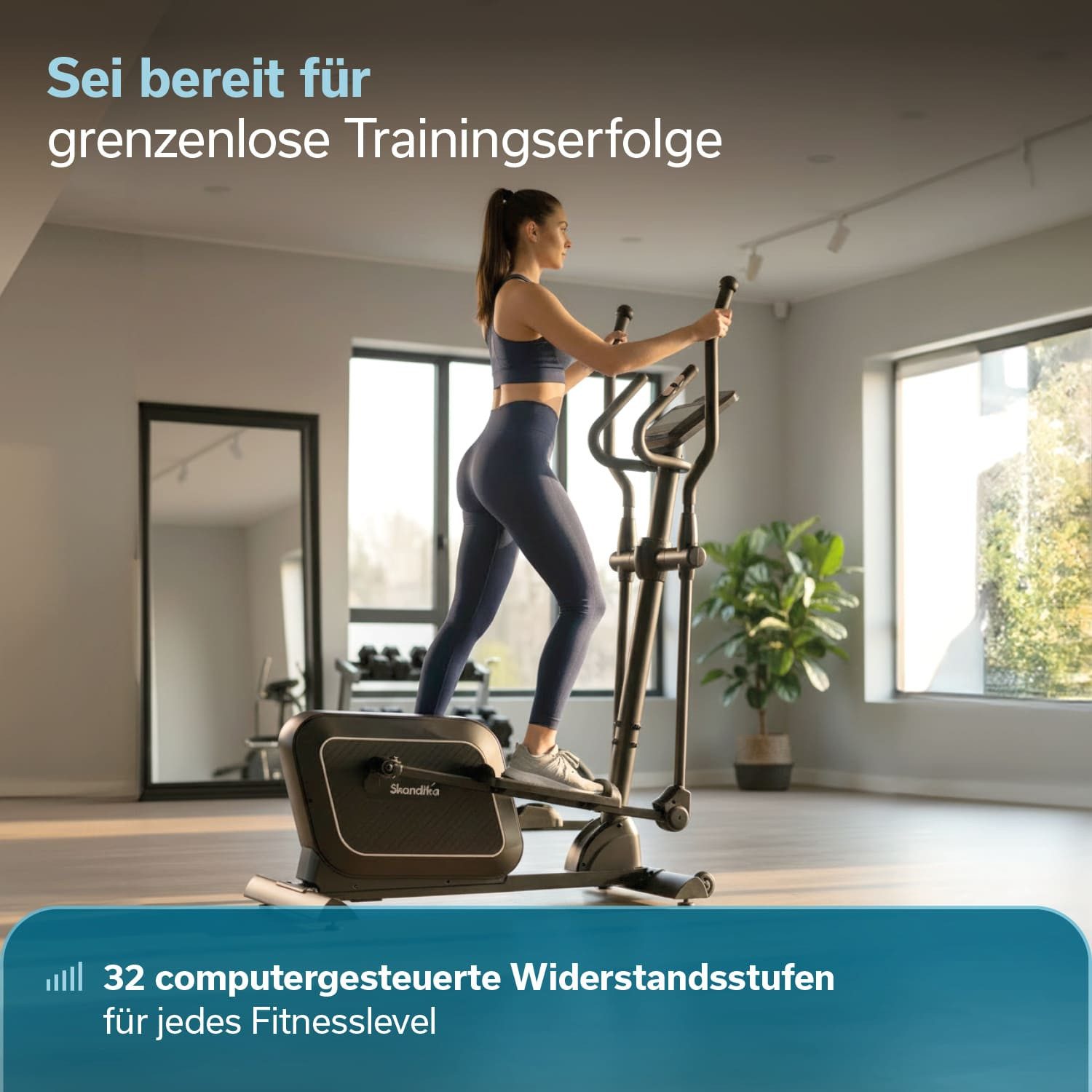 Skandika Crosstrainer für Zuhause Fint P8-R, Heimtrainer leise, 32 Stufen, 22 Programme (Transportrollen, Tablet-Halterung, Display-Anzeige), bis 120 kg, Kinomap App, 8 kg Schwungmasse, Handpulssensoren