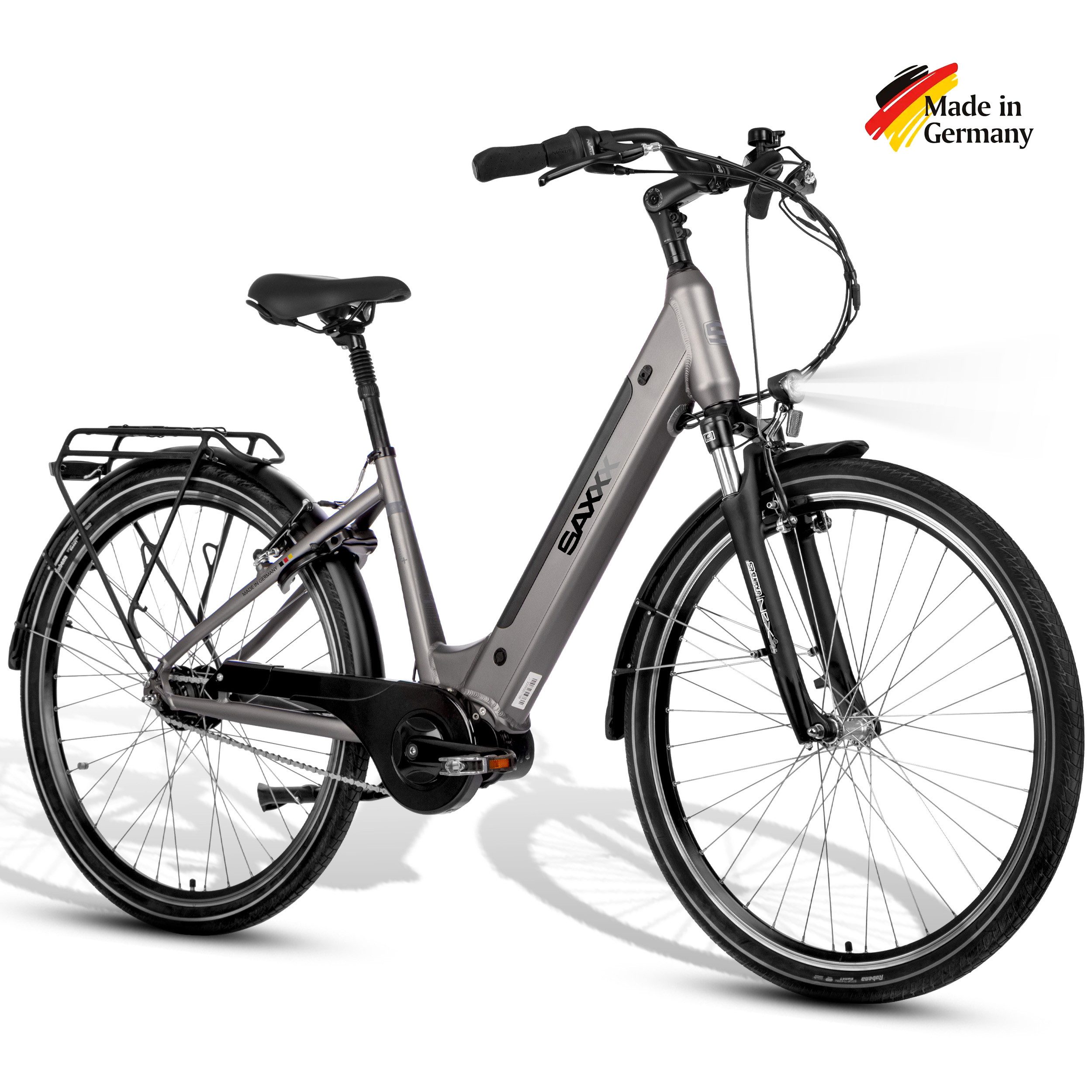 SAXXX E-Bike Cityrad Damen und Herren 28x2 Zoll, 36V 418Wh, 60-100km, V-Bremse, 7 Gang Shimano Nexus Schaltwerk, Nabenschaltung, Mittelmotor, 418 Wh, (mit Akku-Schlüssel, mit Rahmenschloss), abnehmbarer Akuu, Federgabel, Pedelec E-Citybike mit Gepäckträger