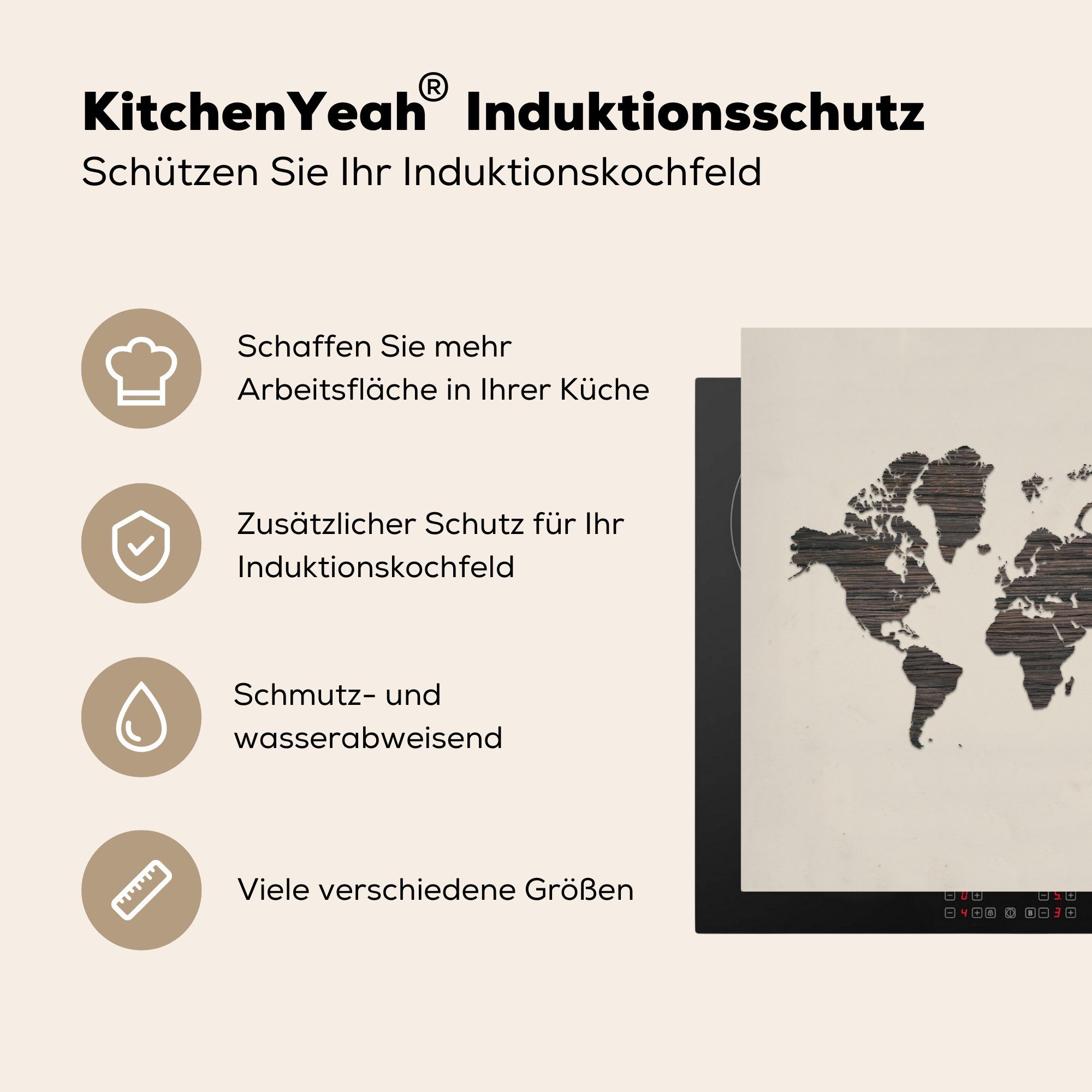cm, Weltkarte Herdblende-/Abdeckplatte - Vinyl, küche Braun Arbeitsplatte 78x78 (1 - Holz, für tlg), MuchoWow Ceranfeldabdeckung,