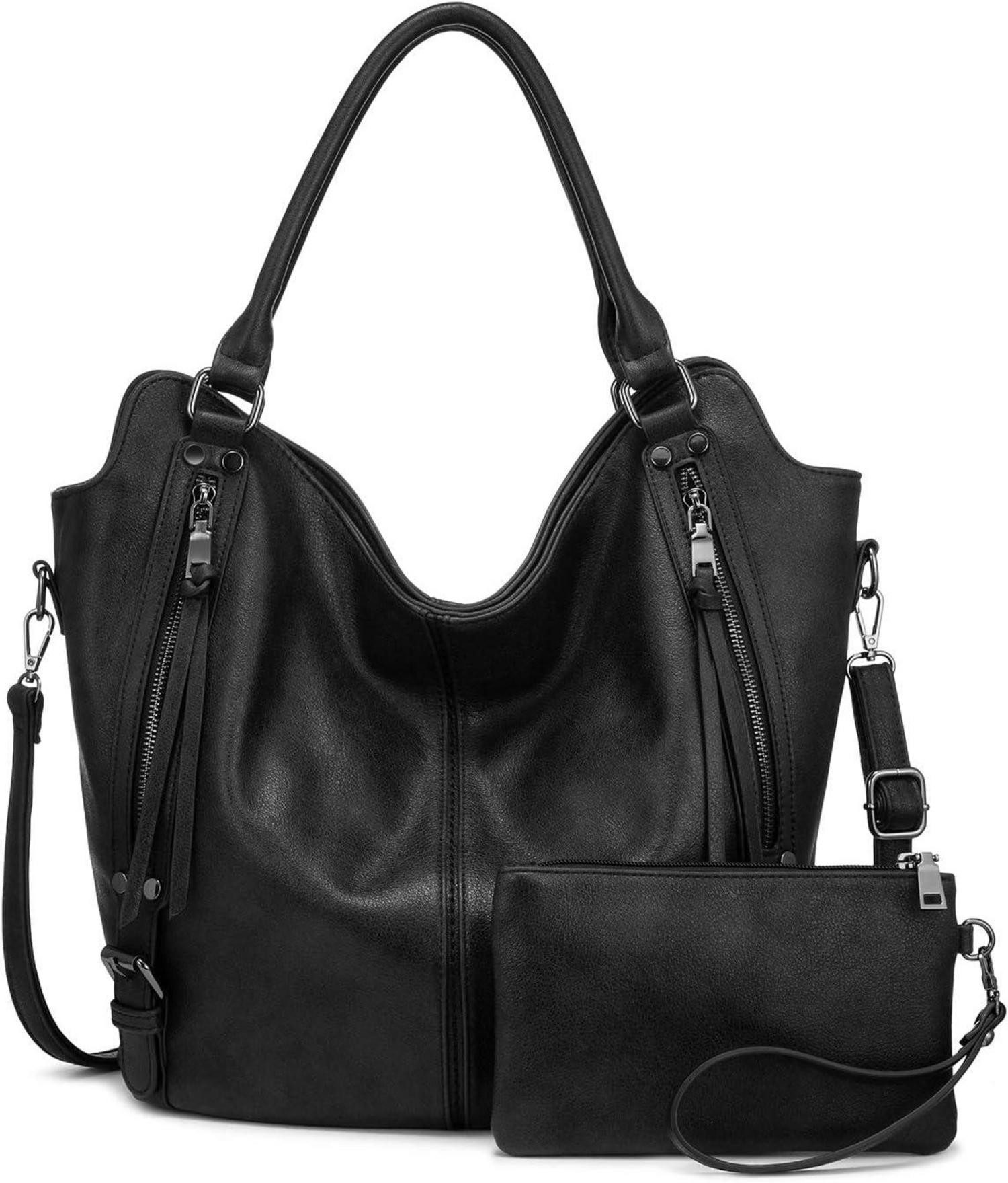 Handtasche Große Shopper Damen Handtasche Leder Umhängetasche Set Schwarz
