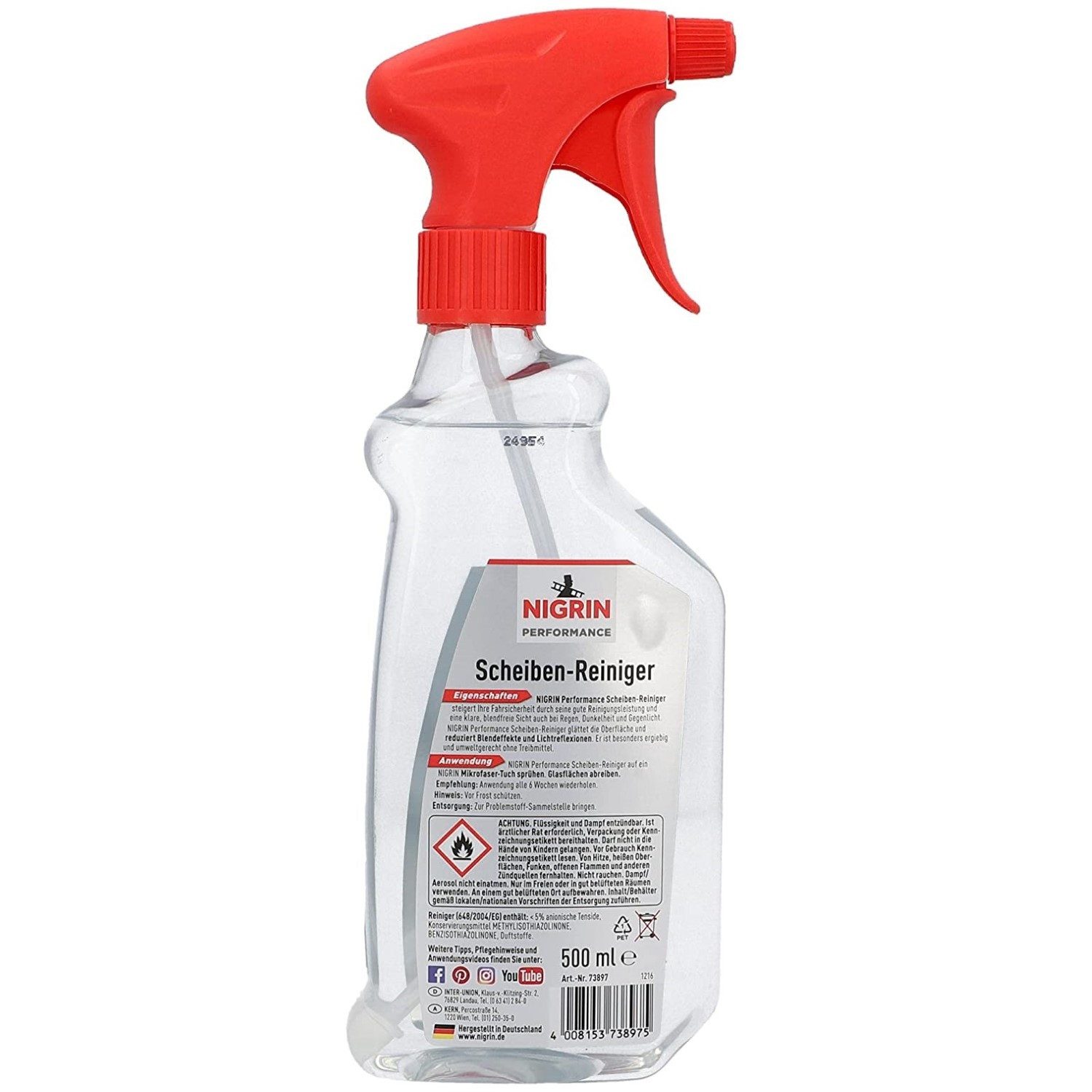 NIGRIN Scheiben-Reiniger 500ml Glas-Reiniger Reinigung Scheibenreiniger (1-St. 1x 500ml Sprühflasche Nikotinlöser Spray Glas-Reiniger Blendfreie Sicht Insekten-Entferner)