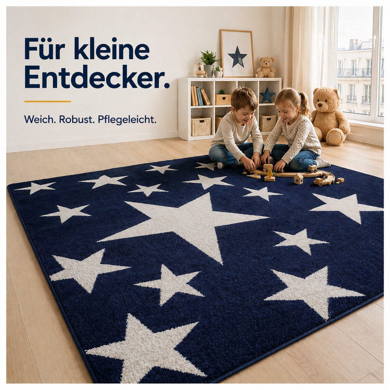 Vimoda Kinderteppich Blau Sterne, Teppich Kinderzimmer 160x230 & 120x170, Rechteckig, Höhe: 12 mm, Weich, Spielteppich Junge, Rechteckig, OEKO-TEX, Polypropylen