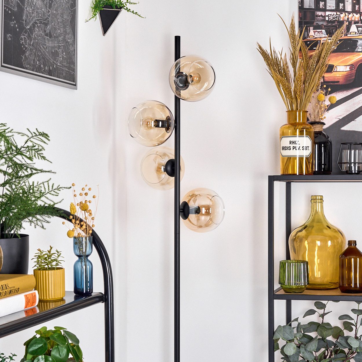 hofstein Stehlampe Stehlampe aus Metall/Glas in Schwarz/Bernstein/Klar, Retro-Design, ohne Leuchtmittel, moderne Stehleuchte, Ø Schirme 15 cm, Fußschalter, 160 cm, E14