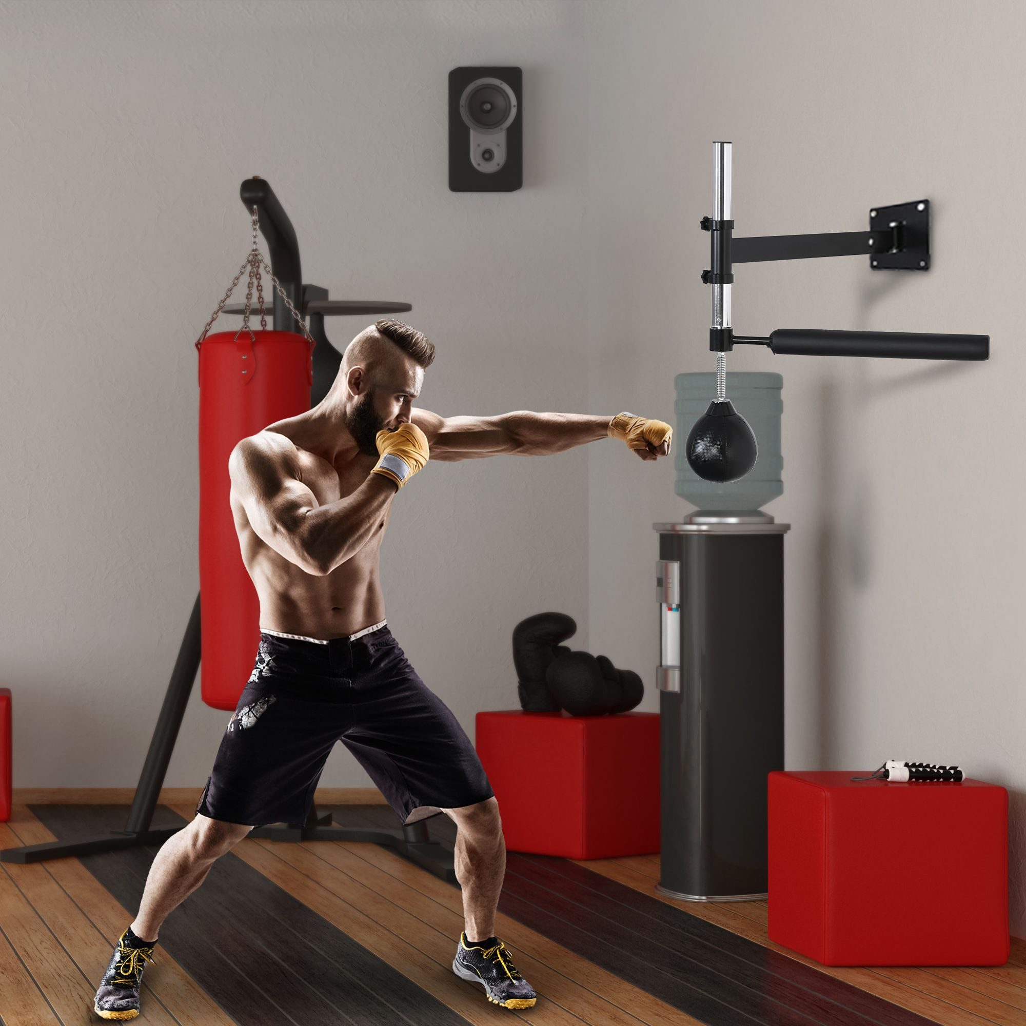 HOMCOM Standboxsack Boxtraining höhenverstellbar Speedball klappbar (Wandhalterung, 1-tlg., Boxgestell), höhenverstellbar für Jugendliche und Erwachsene