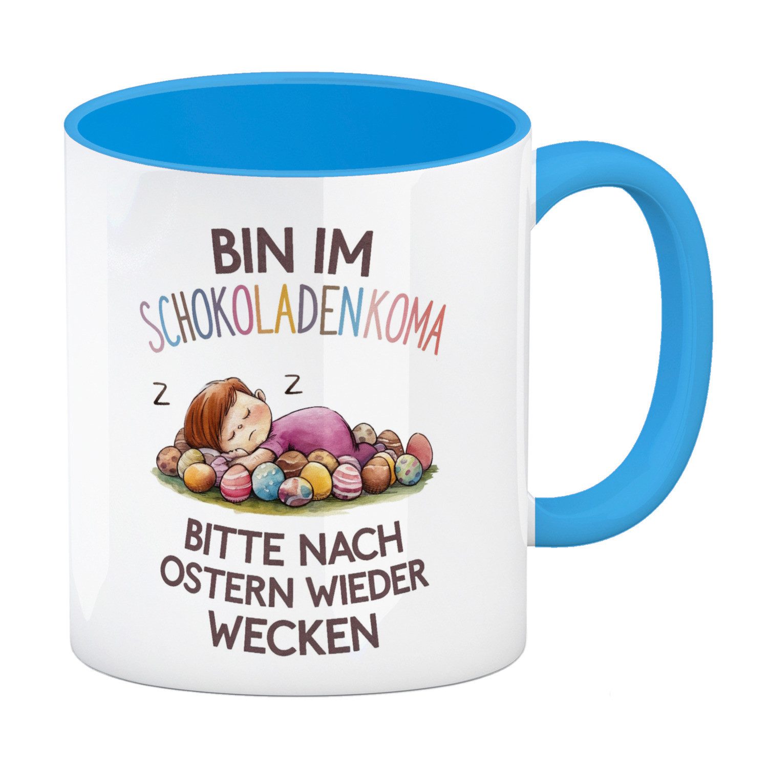 Tasse Schokoladenkoma Kaffeebecher in hellblau - Kind auf Schokoladeneiern