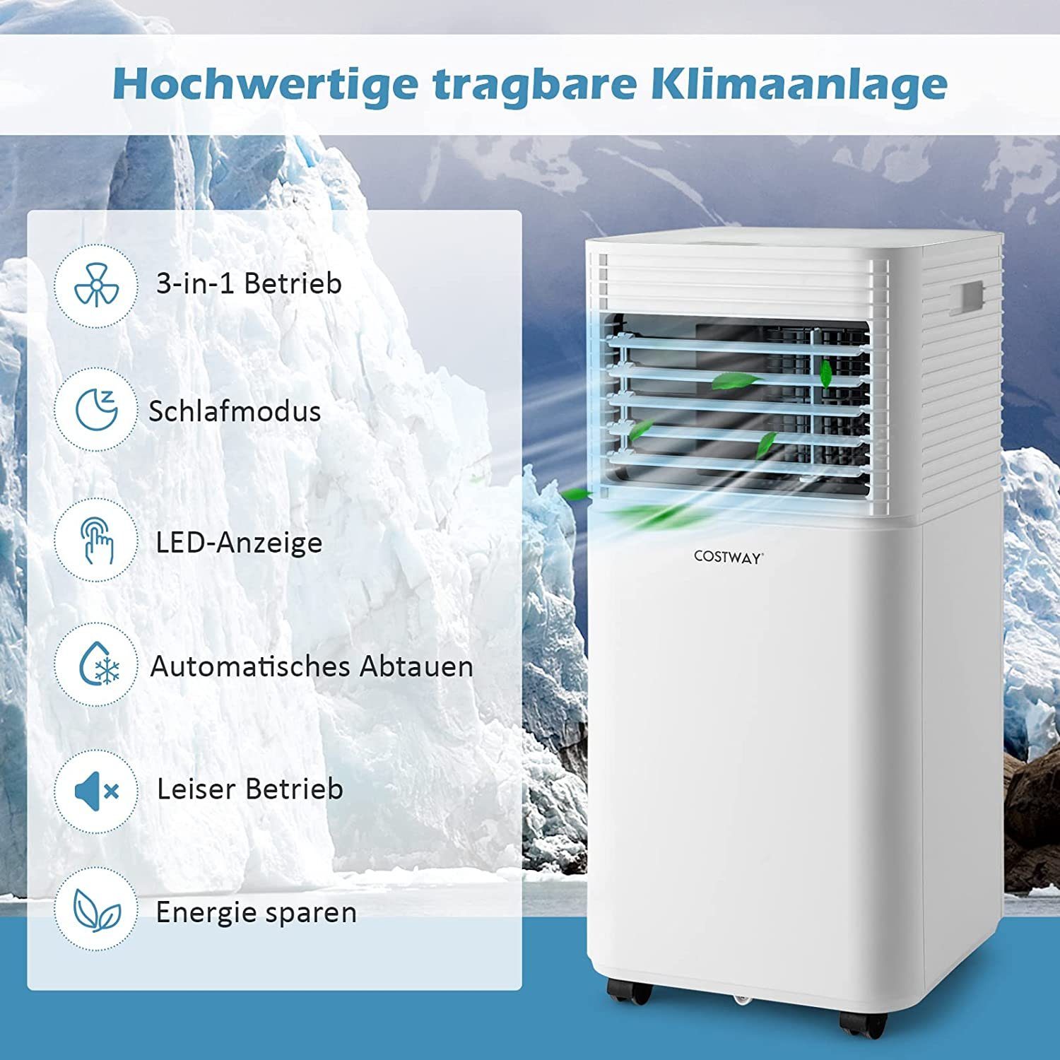 COSTWAY 16℃-32℃ 3-in-1-Klimagerät, 39m³, Fernbedienung, 7000BTU/2,1kW, Weiß