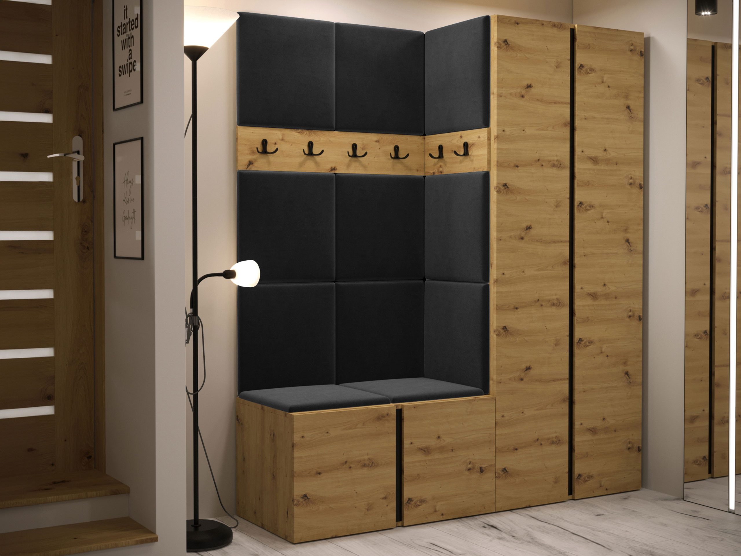 MIRJAN24 Garderoben-Set Orion III, (Komplett-Set, Kleiderschrank, Schuhschrank, 2x Kleiderhakenbrett, Paneel 11x 42x42), Auswahl aus Fronten und Polsterplatten