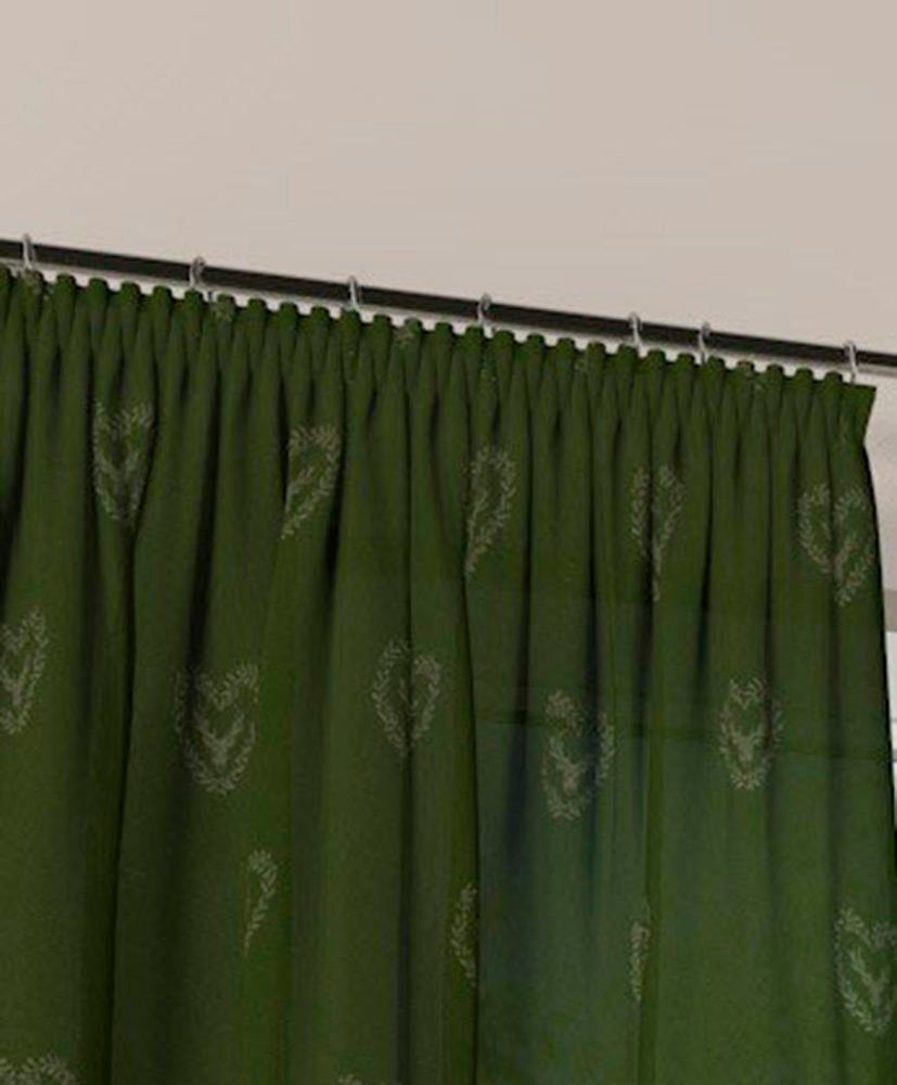 Hirsch, St), blickdicht grün Plauen, Kräuselband dunkelgrün, Vorhang (1 Stickereien