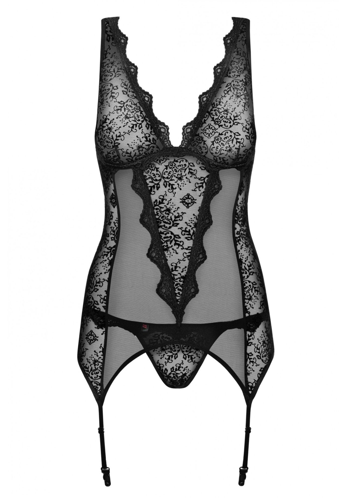 Obsessive Set: Bügelloser BH Spitzen Dessous-Set mit Strumpfhaltern - schwarz (2-tlg)