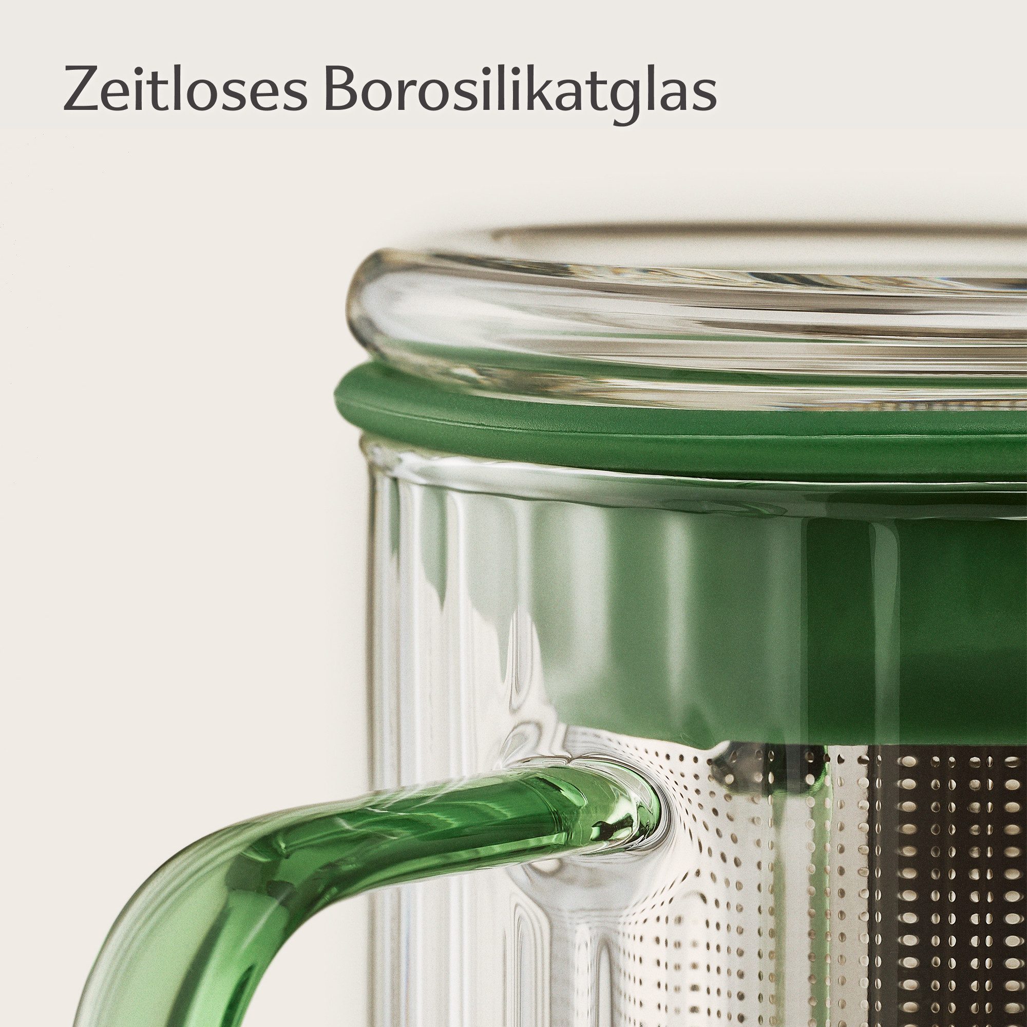 Cosumy Teeglas Teetasse mit Deckel und Sieb 450ml Grün, 1-tlg., Borosilikatglas, Edelstahl, Kork, Edelstahlfilter – Bild 4 von 5