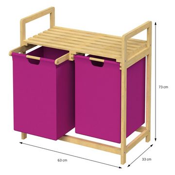 ML-DESIGN Wäschekorb Wäschebox mit 2 Fächern aus Bambus und Stoff für Badezimmer, Wäschesäcken 60L mit Stabiles Holzgestell Rosa 73x63x33cm Wäschetruhe