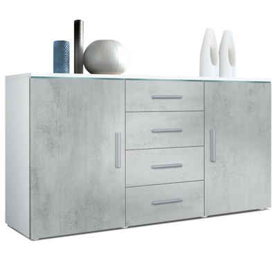 Vladon Sideboard Faro (Kommode, mit 2 Türen und 4 Schubladen), Weiß matt/Beton Oxid Optik (139 x 72 x 35)