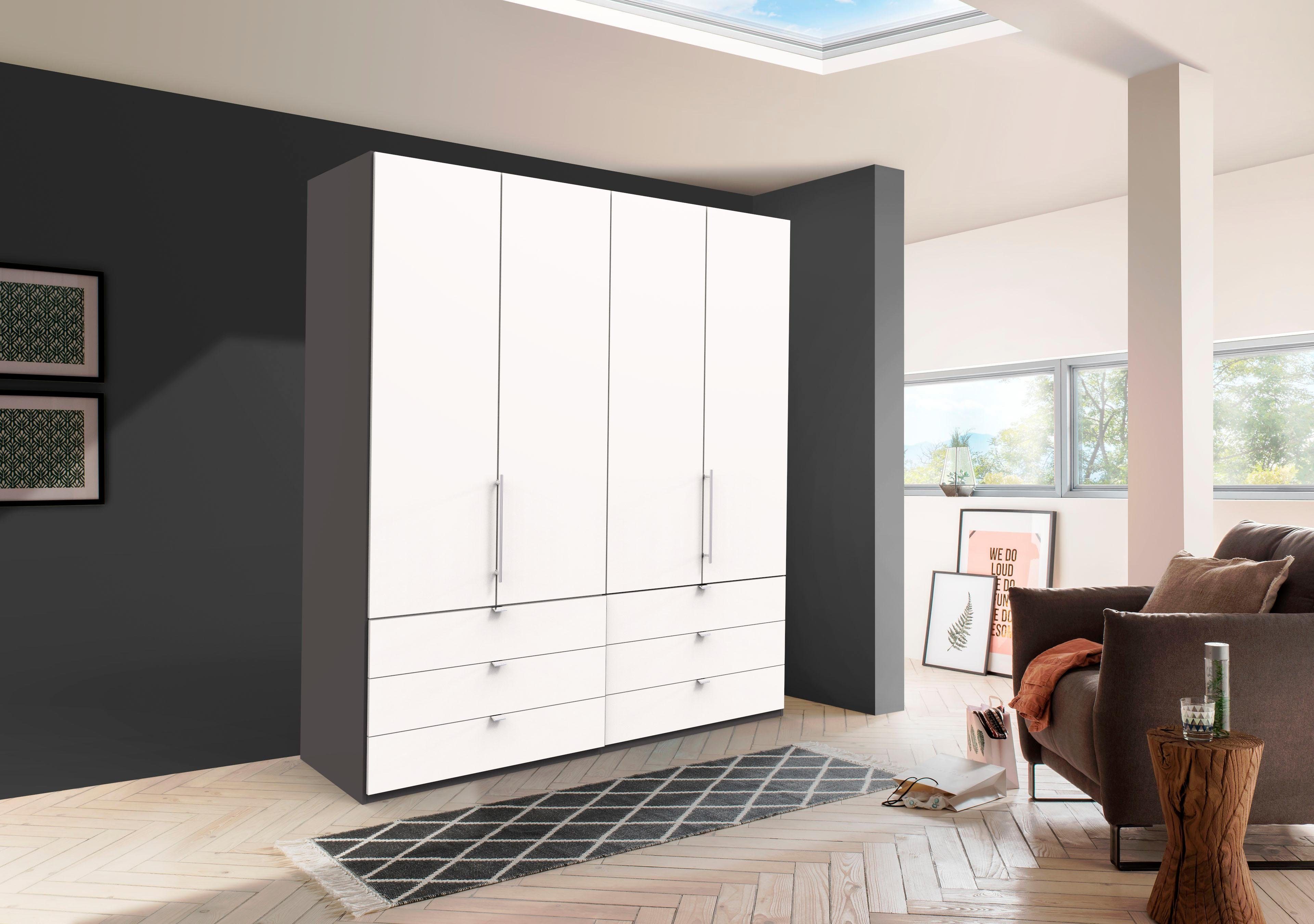 WIEMANN Falttürenschrank Loft, Kleiderschrank, Schrank, Wäscheschrank, mit Glasfront (3 Breiten, 2 Höhen 216/236 cm auswählbar, MADE IN GERMANY) inkl. gepämpften Schubkästen und Türen, mit Panoramaöffnung