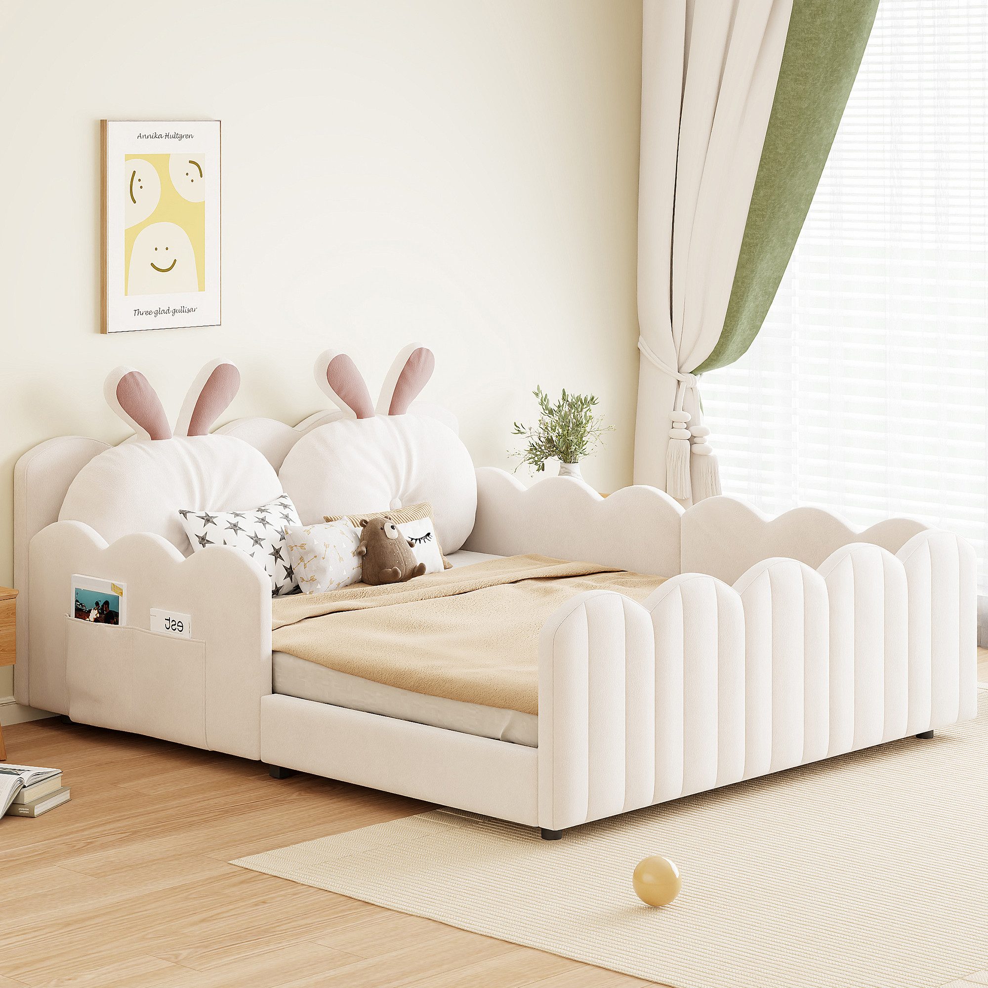 STILVORA Kinderbett 140x200 Kinderbett Jugendbett mit Kaninchenform-Kissen,Doppelbett Samt (Gepolstertes Plattformbett mit Kaninchenkissen und Sicherheitsgeländern., 140x200), mit Kissen in Kaninchenform
