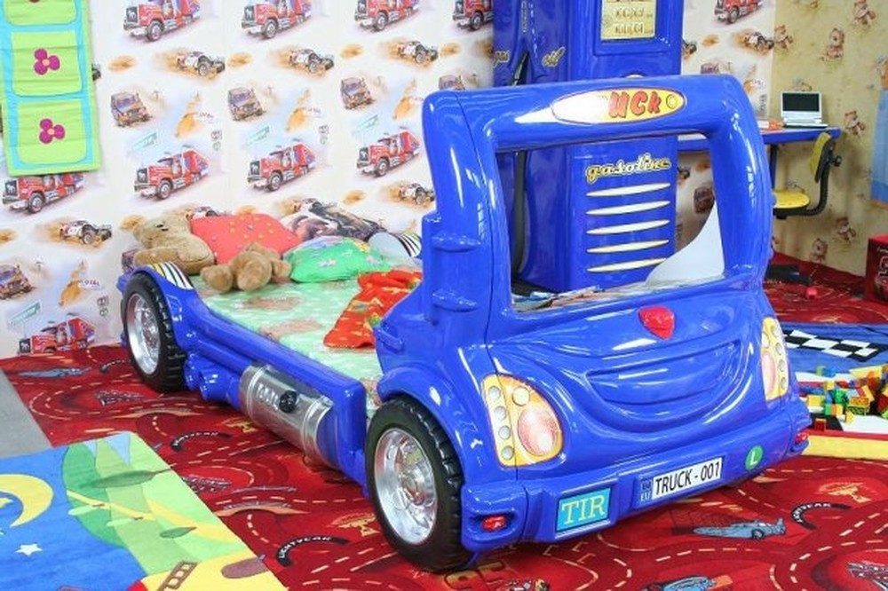 JVmoebel Autobett Blaues Holzbett für Kinderzimmer im Truck-Design, Made in Europa