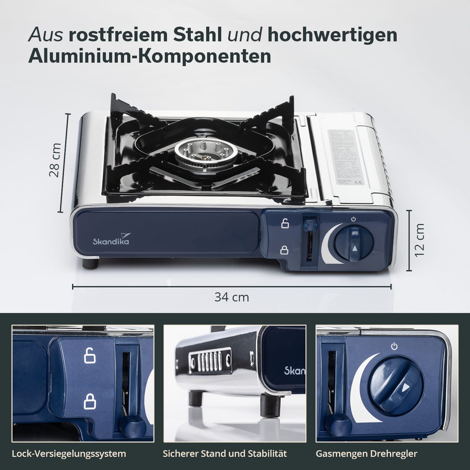 Skandika Gaskocher Brann, Campingkocher, Kochfeld, Gasbrenner, Edelstahl, Piezo-Anzünder, (1-flammig, für Gaskartuschen MSF-1A 227 g, für Gaskartuschen MSF-1A 227 g), elektrische Zündung, stufenlos regulierbar, Piezo-Anzünder Tragekoffer
