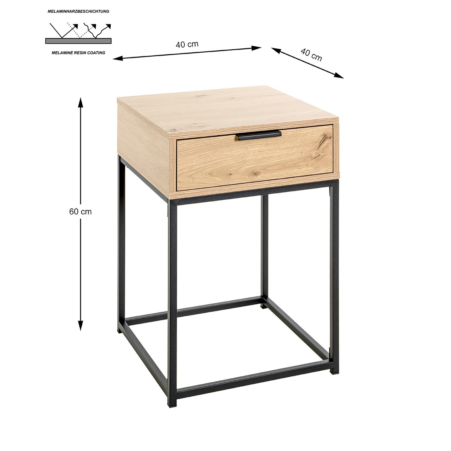 HAKU Konsolentisch Konsole - eiche-schwarz - Metall, Spanplatte - H. 60cm - Ablagetisch (1xKonsole, Beistelltisch - Schminktisch), Wandregal - Ablage - Konsolentisch - Sideboard