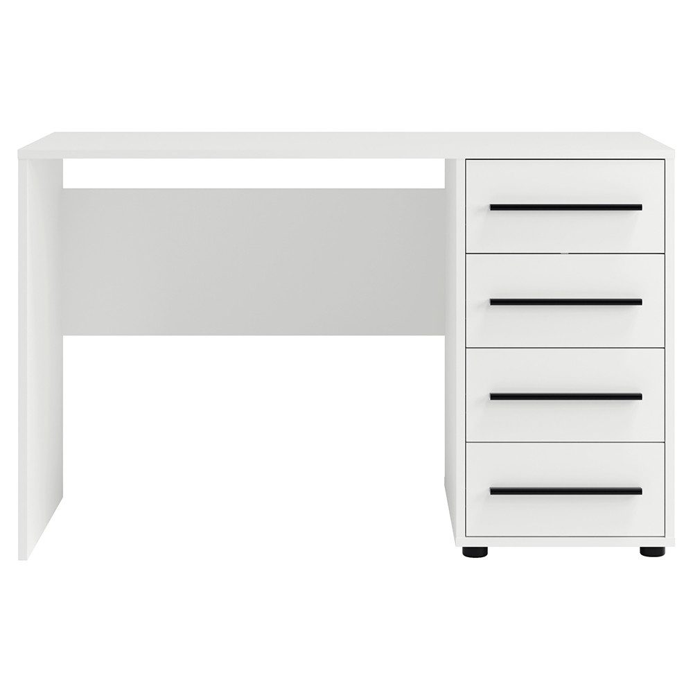 Lomadox Schreibtisch MOLLERUSA-132, 120cm breit, weiß matt mit schwarzen Griffen, 4 Schubladen