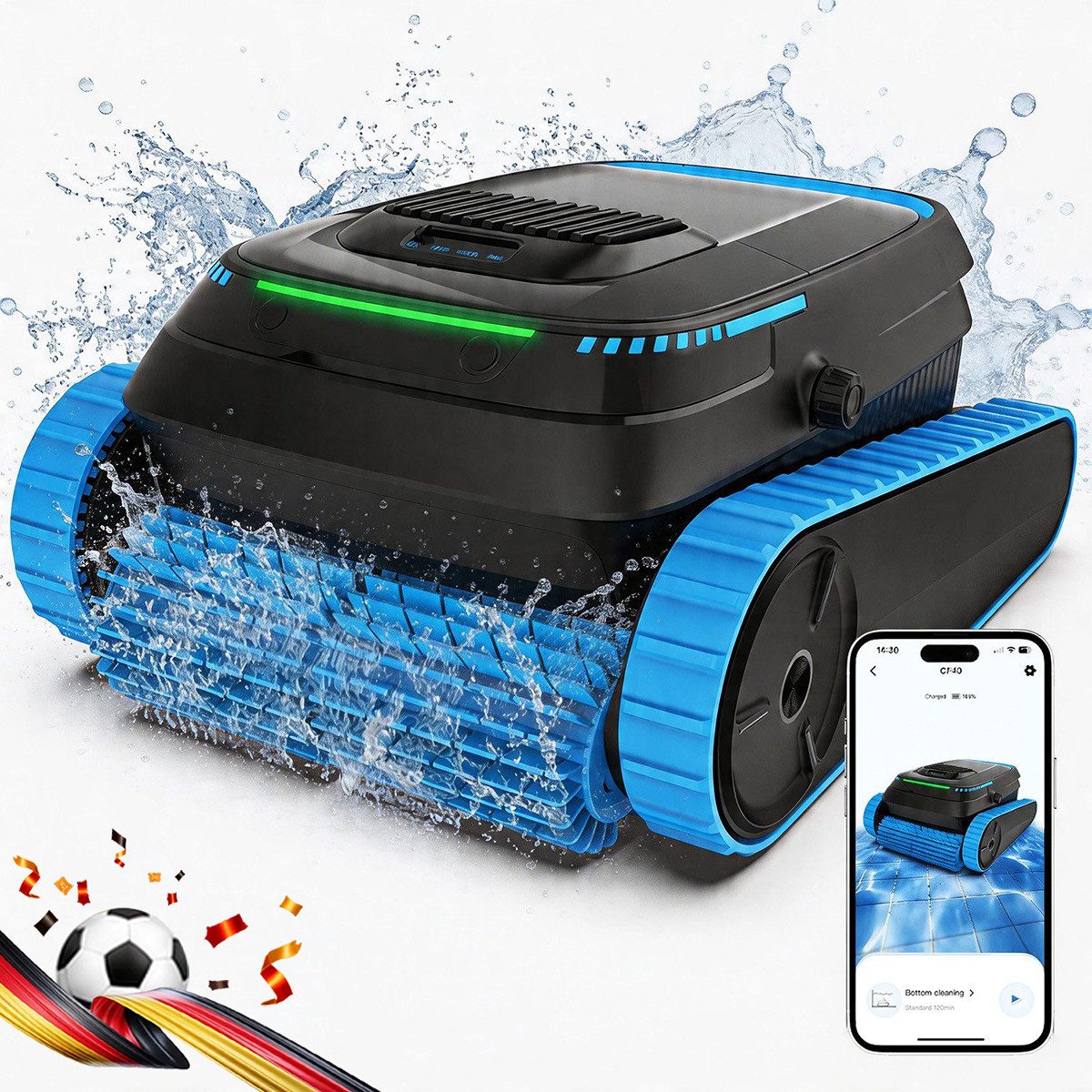 AIRROBO Poolroboter CP40 poolroboter akku wand und boden, Wasserlinie, mit APP, (Intelligente Navigation, Steuerung per App, automatische Updates, drei 80-Watt-Motoren, Extrem lange Akkulaufzeit und Schnellladefunktion), für runde, ovale und rechteckige Pools, Zwei Jahre Garantie