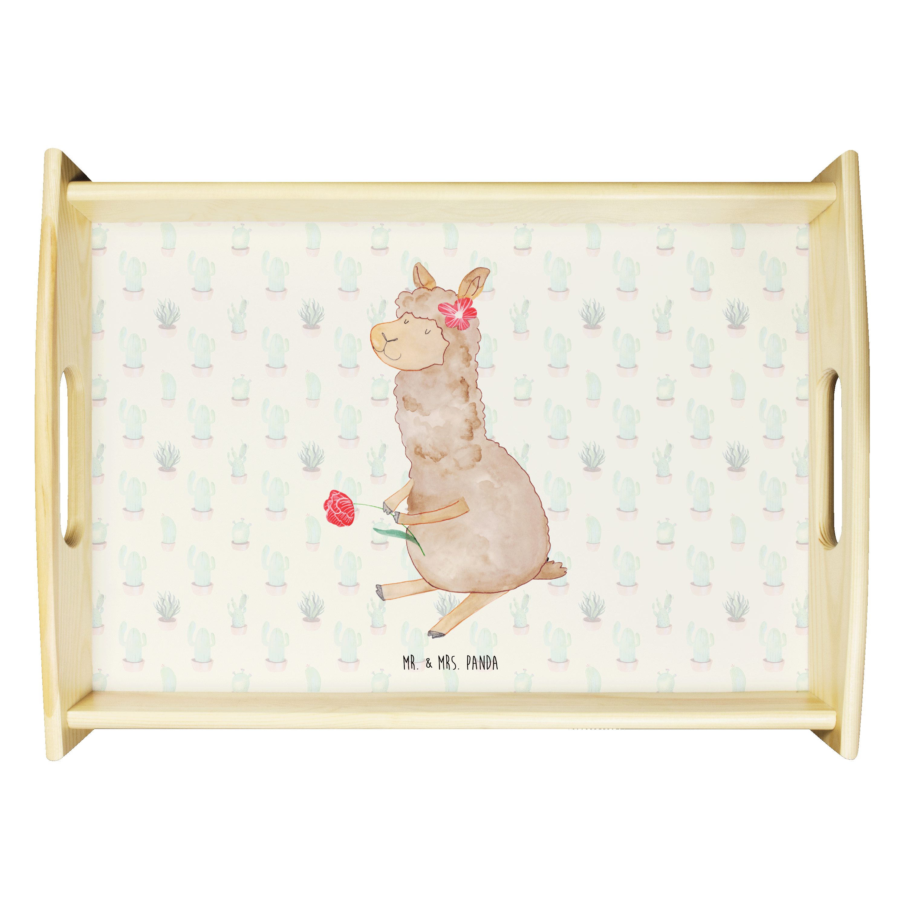 Mr. & Mrs. Panda Tablett Alpaka Blume, Tablett, Kaktus Grün, Lama, Spruch, bett tablett, sofat, Echtholz lasiert, (Packung, 1-tlg)