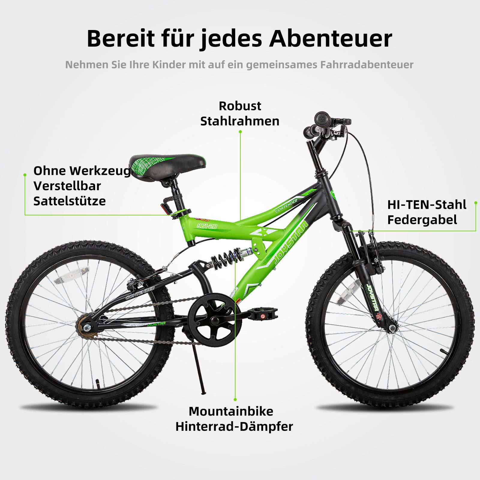 JOYSTAR Kinderfahrrad 20 Zoll bike für Jungen und Mädchen ab 7-12 Jahren Student Pendler, 1 Gang, mit vollgefedertem Stahlrahmen und 1-Gang-Antrieb mit Ständer