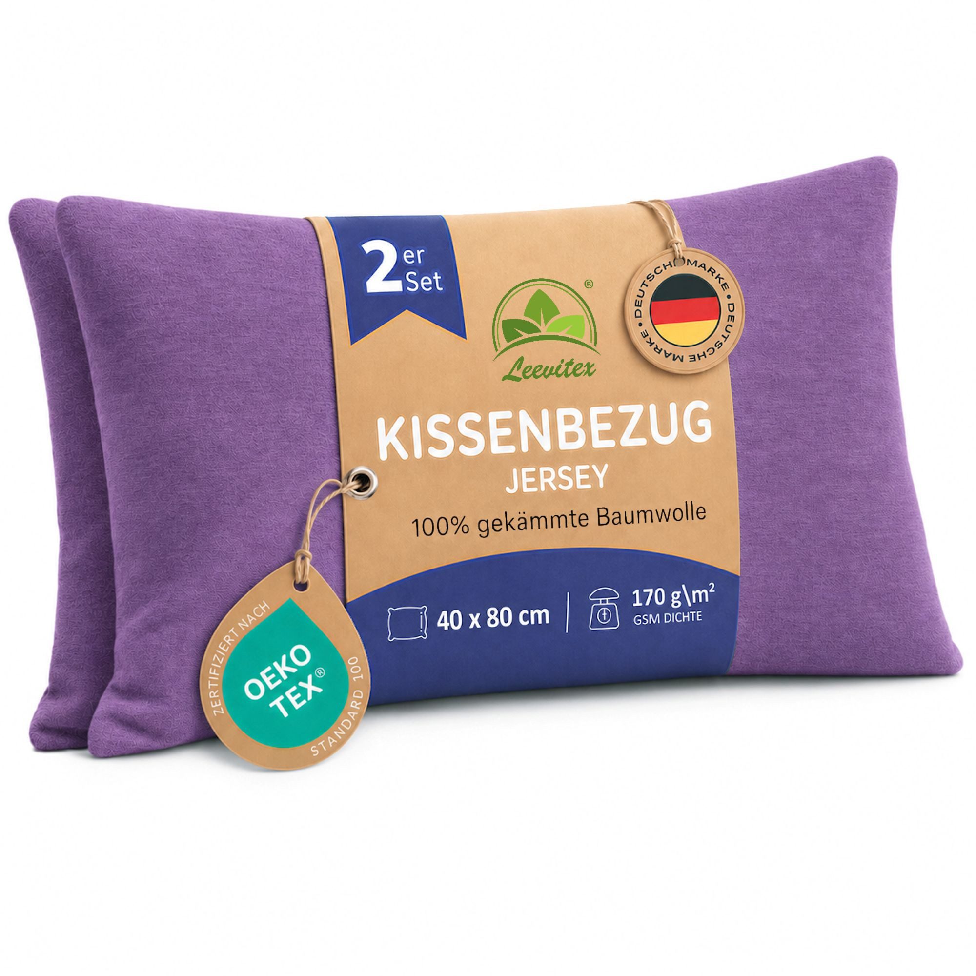 leevitex® Kissenbezüge Kissenbezug 40 x 80 cm, 2er Set, Lila/Pflaume, (2 Stück), feine Jersey-Qualität, 100% Baumwolle, robuster Reißverschluss