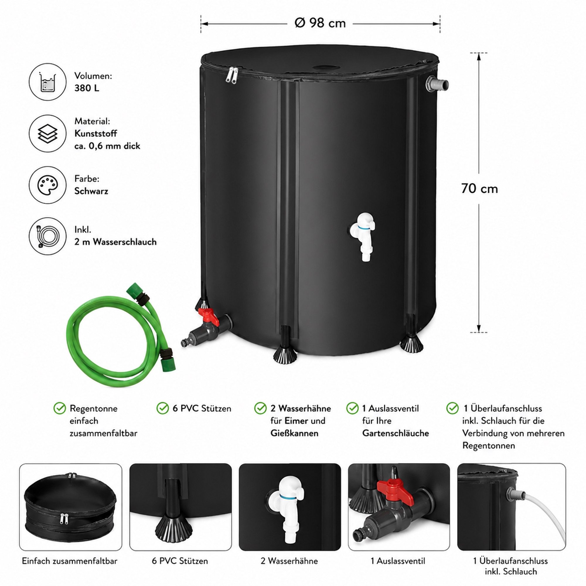 Mucola Regentonne Regenwassertonne faltbar Regenfass Wassertank Regenwassertank mit Hahn, 380 l, (Stück, Stück), inkl. 2 Meter Wasserschlauch mit Anschluss