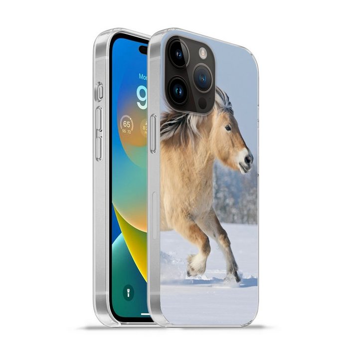 MuchoWow Handyhülle Fjordpferd läuft durch den Schnee Handyhülle Telefonhülle Apple iPhone 14 Pro