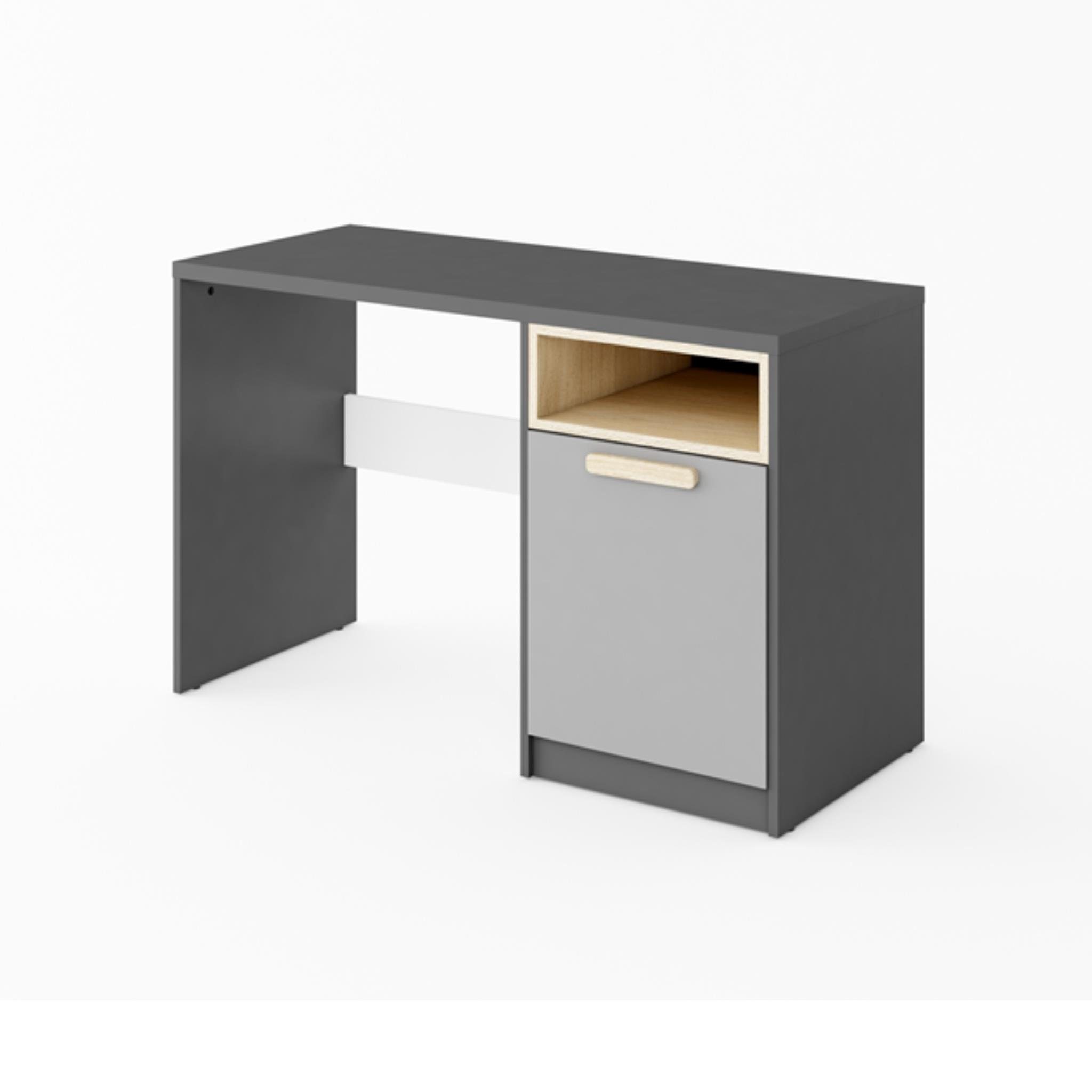 Beautysofa Schreibtisch Pok, Bürotisch inkl. Drehtür, ergonomischer Arbeitsfläche, Laminatplatte Hellgrau / weiß / buche