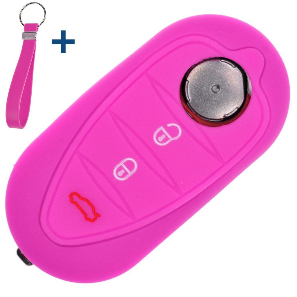 mt-key Schlüsseltasche Autoschlüssel Silikon Schutzhülle mit passendem Schlüsselband, für ALFA Romeo Mito Giulietta 940 4C ab 2008 3 Tasten Klappschlüssel Pink