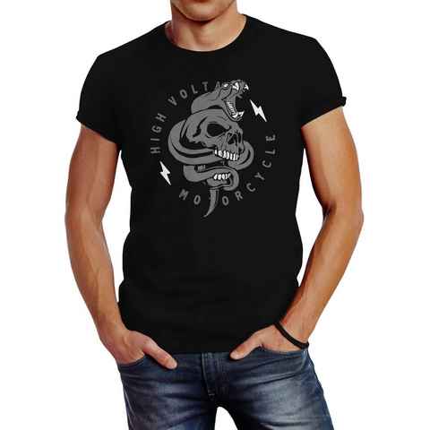Neverless Print-Shirt Herren T-Shirt Totenkopf Print Kobra Motiv High Voltage Motorcycle Schriftzug Rocker Biker Racing Design Slim Fit Neverless® mit Print