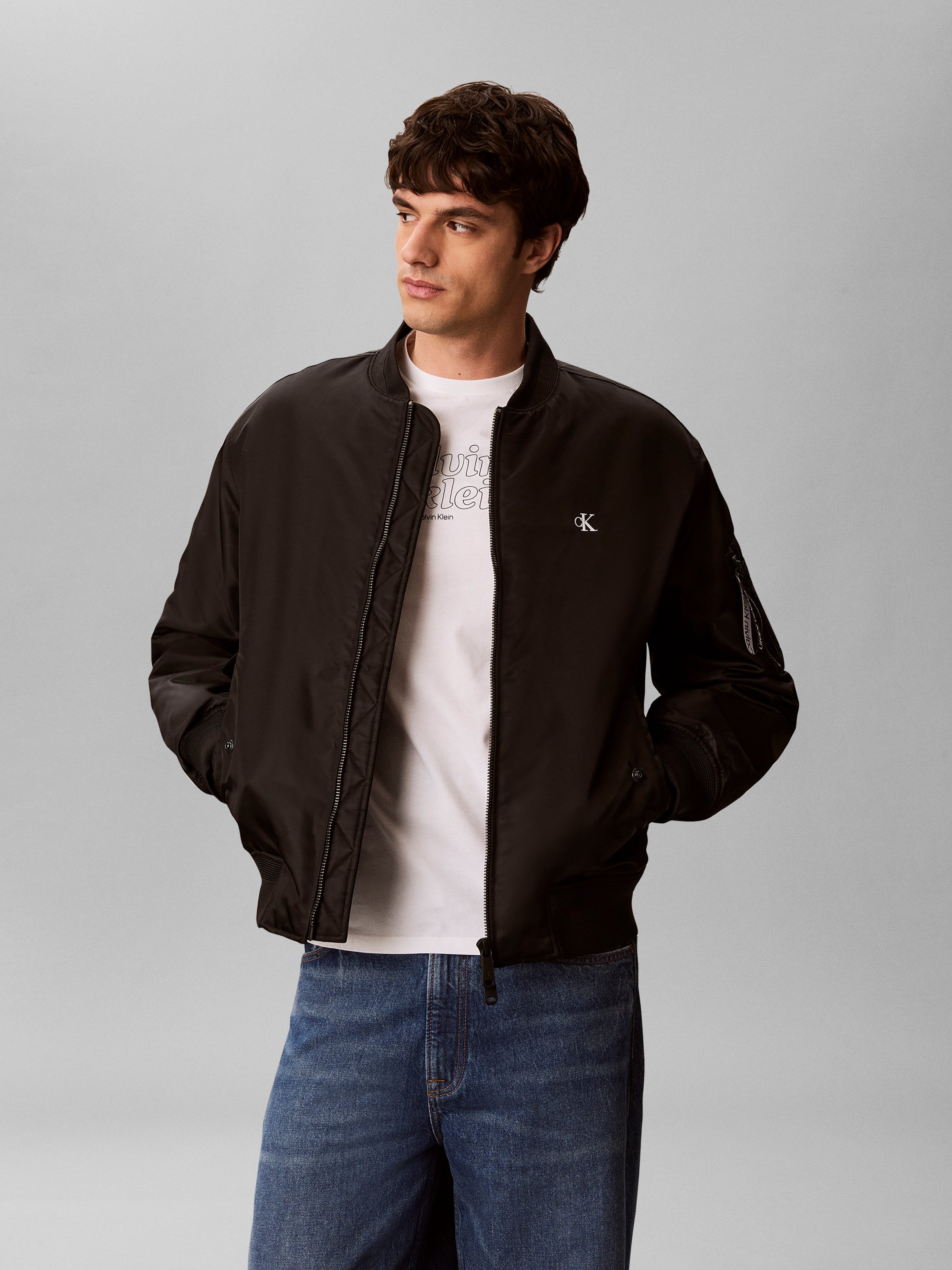 Calvin Klein Jeans Bomberjacke Rippkragen, Regular Fit, Logo-Stickerei