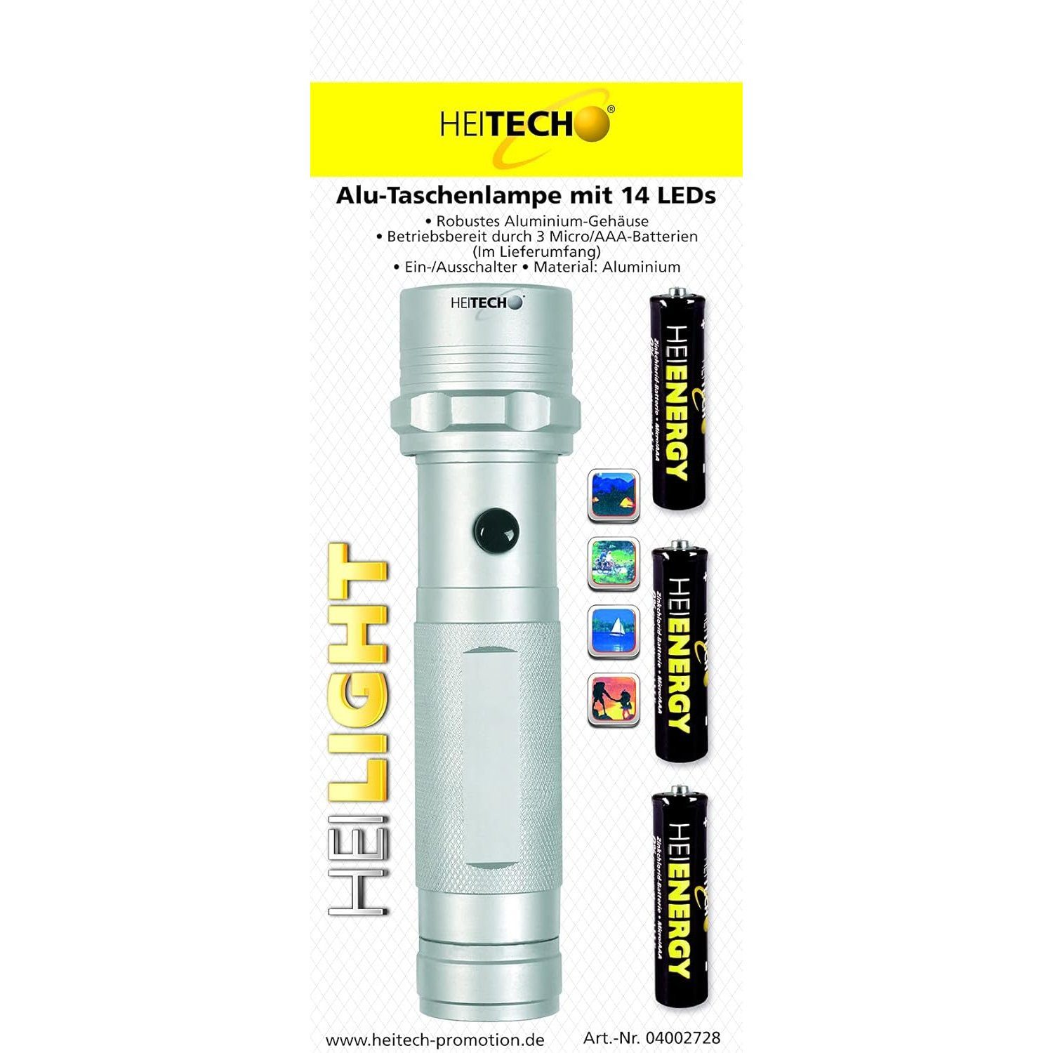 HEITECH LED Taschenlampe Taschenlampe mit 14 LEDs Aluminium Gehäuse Silber