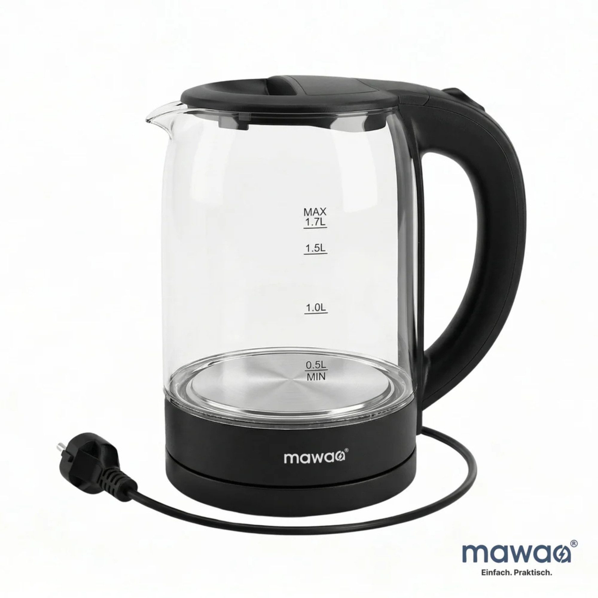 LEFEX Wasserkocher mawaa Glas-Wasserkocher 1,7 l 2200 W BPA-frei schwarz, 2200 W, Borosilikatglas / 1,7 l Fassungsvermögen / Edelstahlfilter