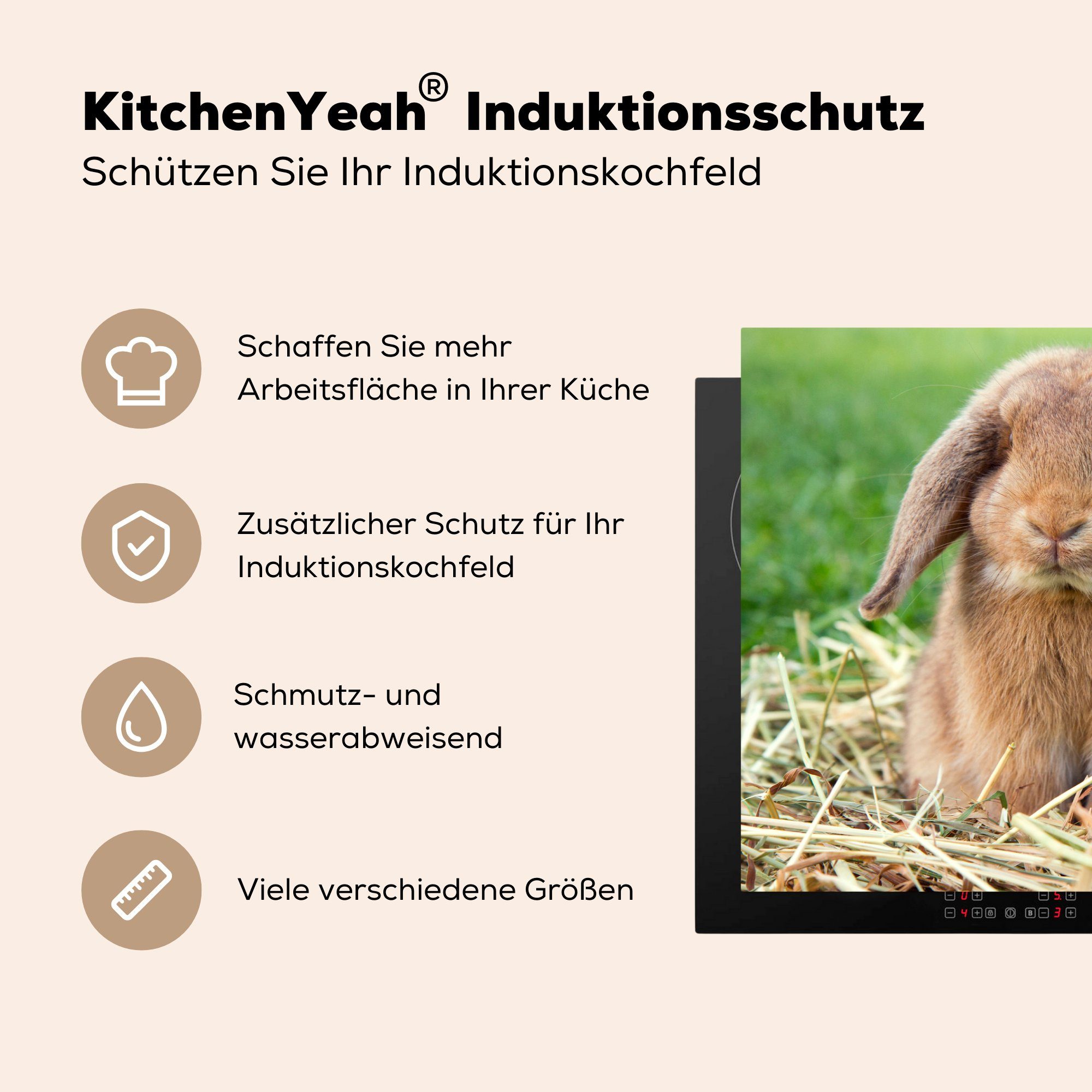 Induktionskochfeld für MuchoWow - küche, Schutz 81x52 cm, Herdblende-/Abdeckplatte tlg), Tier, Stroh Ceranfeldabdeckung Kaninchen (1 die - Vinyl,