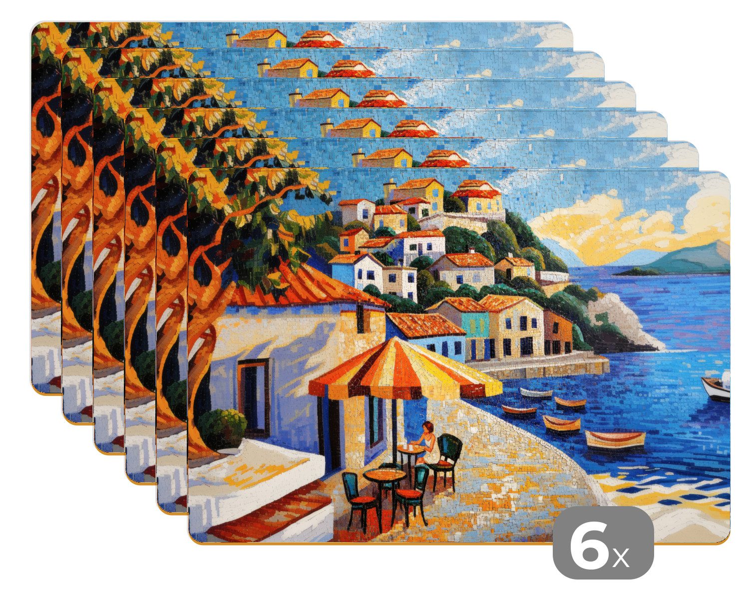 MuchoWow Platzset Küstendorf - Ferienhäuser - Mosaik - Meer, (6-St), Platzsets, Tischset, Abwaschbar, Tischsets, Platzdeckchen