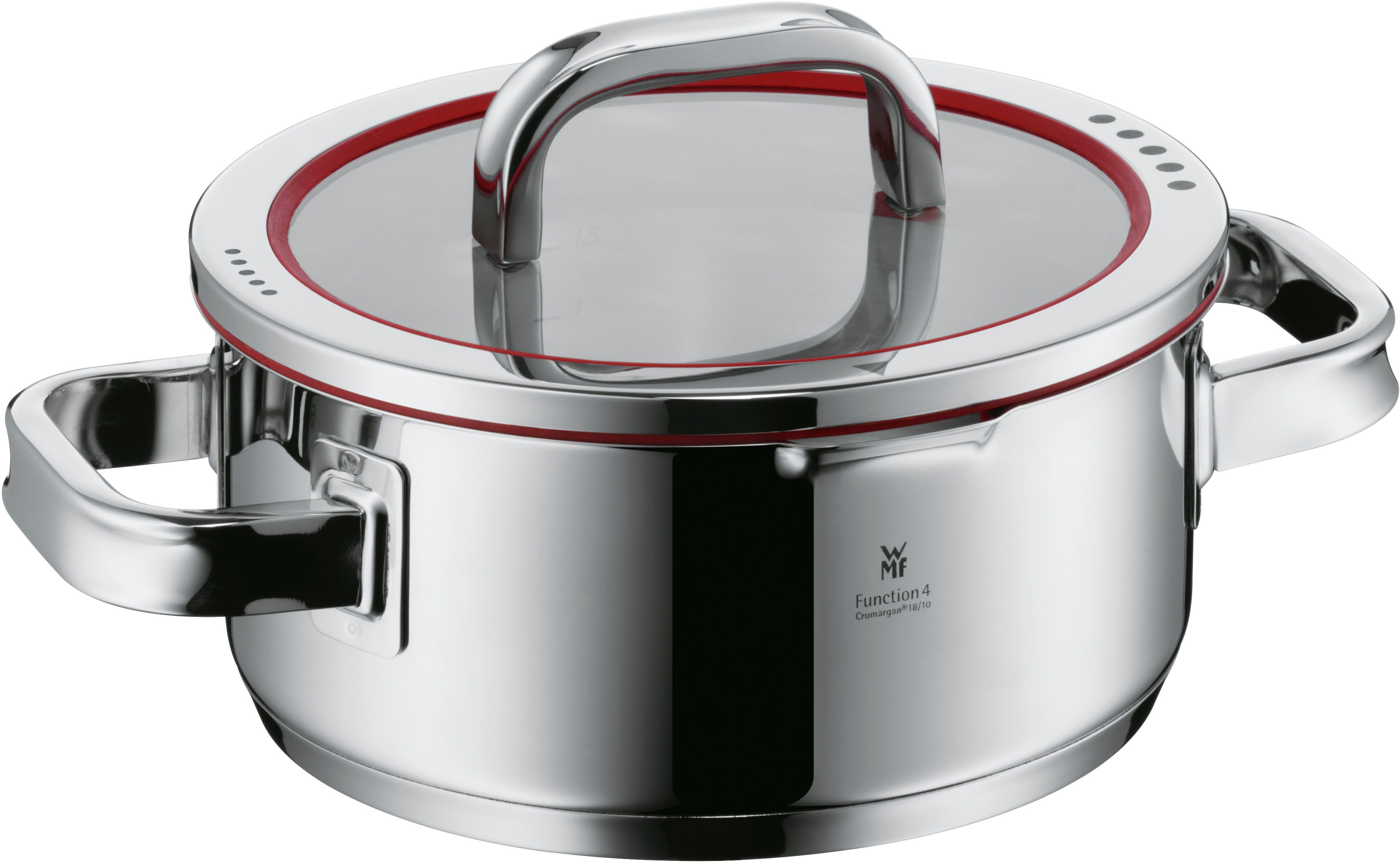 WMF Bratentopf Function 4, Cromargan® Edelstahl Rostfrei 18/10 (2-tlg), wärmereduzierende Griffe, mit 4 Abgießfunktionen, Innenskalierung