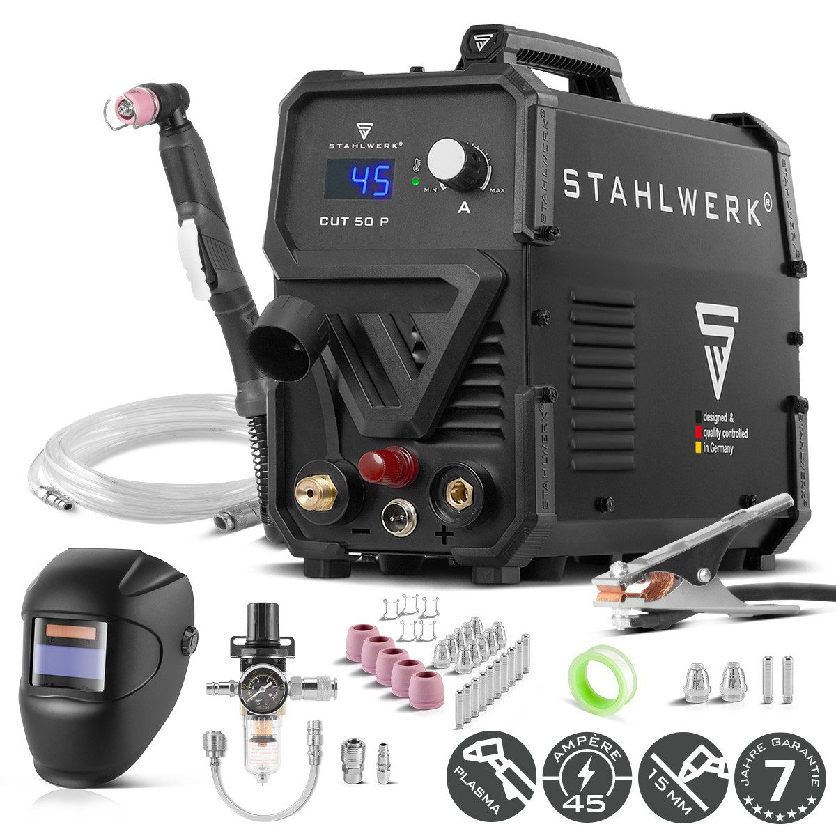 STAHLWERK Plasmaschneidegerät Plasmaschneider CUT 50 P mit 15 - 45 A und Schneidleistung bis 15 mm, Packung, 1-tlg., Vollausstattung, bis 14 mm Schneidleistung