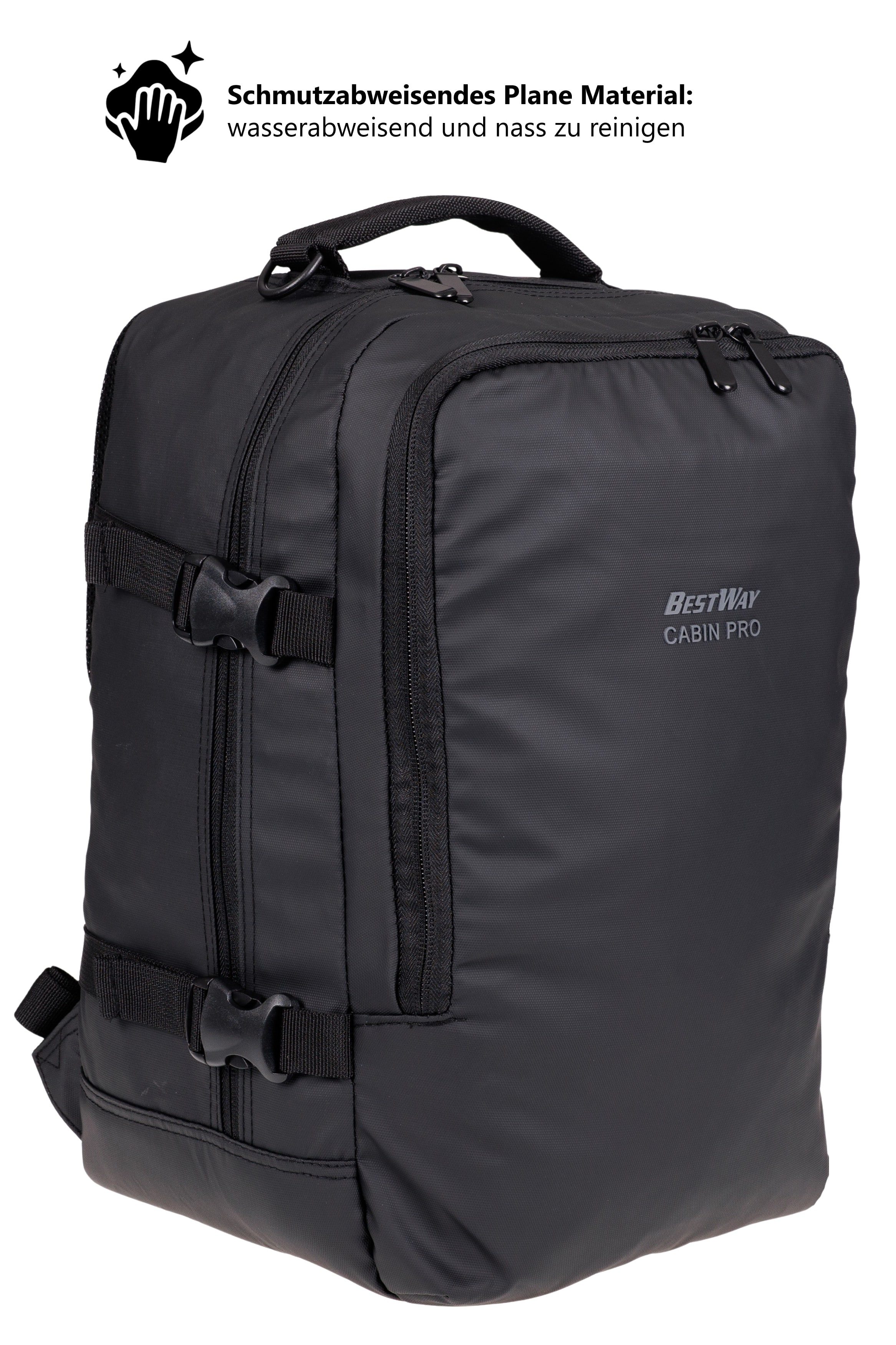 BestWay Bags Reiserucksack Handgepäck Rucksack für Ryanair aus Plane, Cabin Pro Flugzeug Kabinenrucksack Laptoprucksack 40350 + Koffergurt