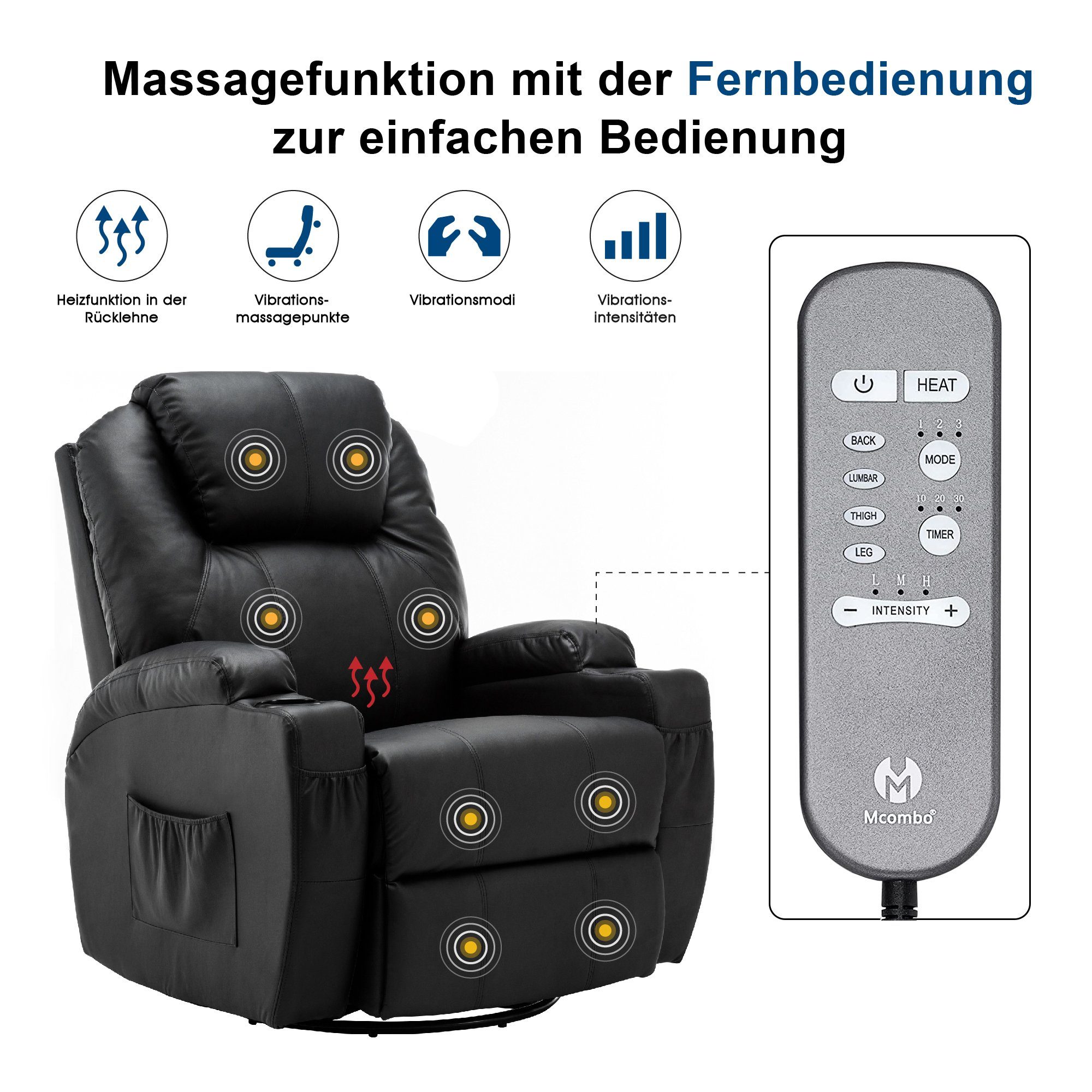 MCombo Relaxsessel 7020, mit MCombo 360° 100 Relaxsessel × 92 Schwarz drehbar 109 schwenkbar, cm und manuell manuell, Massagesessel Heizung, × TV-Sessel