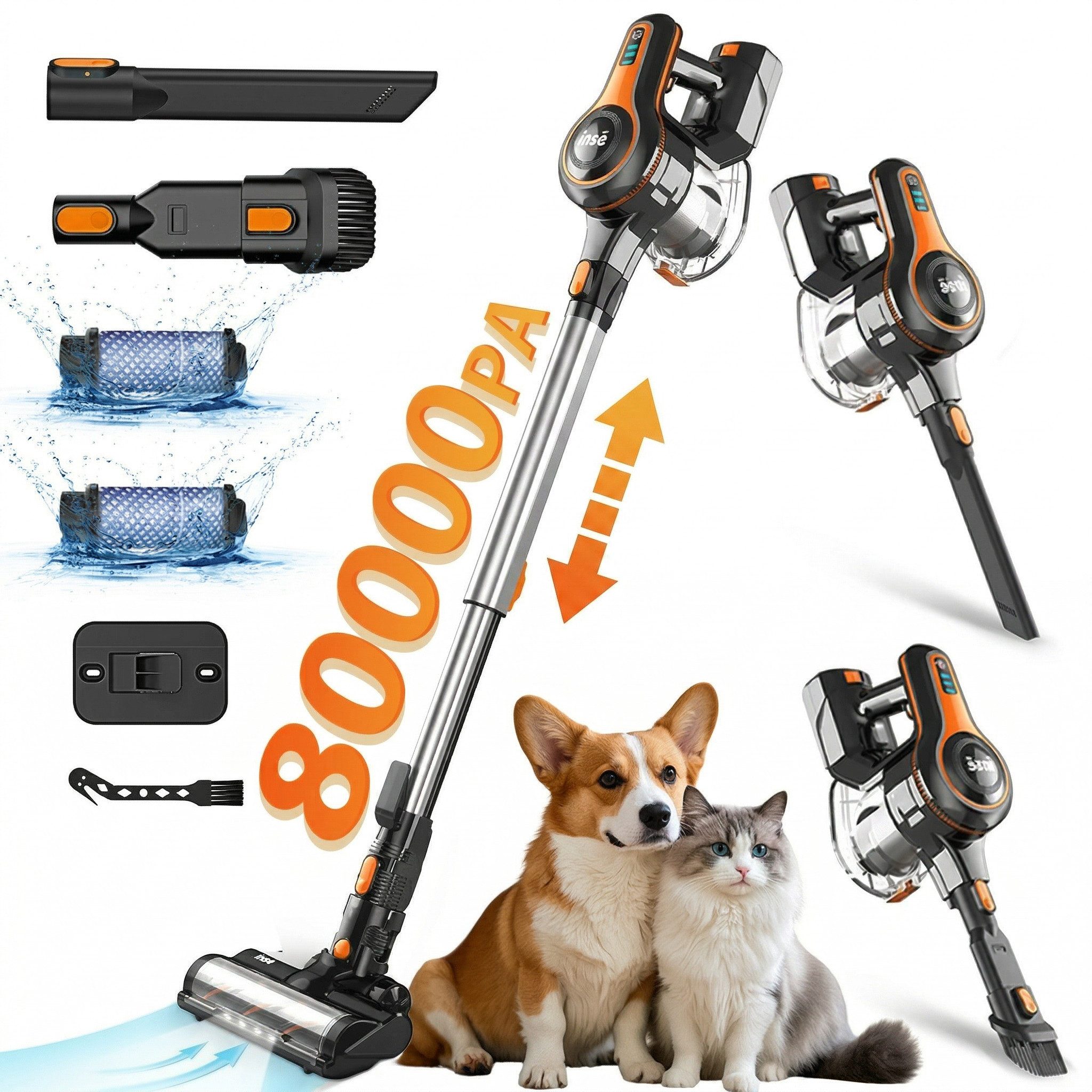 INSE Akku-Hand-und Stielstaubsauger 2026 Neuer Akku Staubsauger 80000 Pa/55 Min/1,2 L Staubsauger Kabellos, mit Beutel, 50dB leise/5-Stufen-Filter/LED Display, Ideal für Böden/Teppiche/Auto